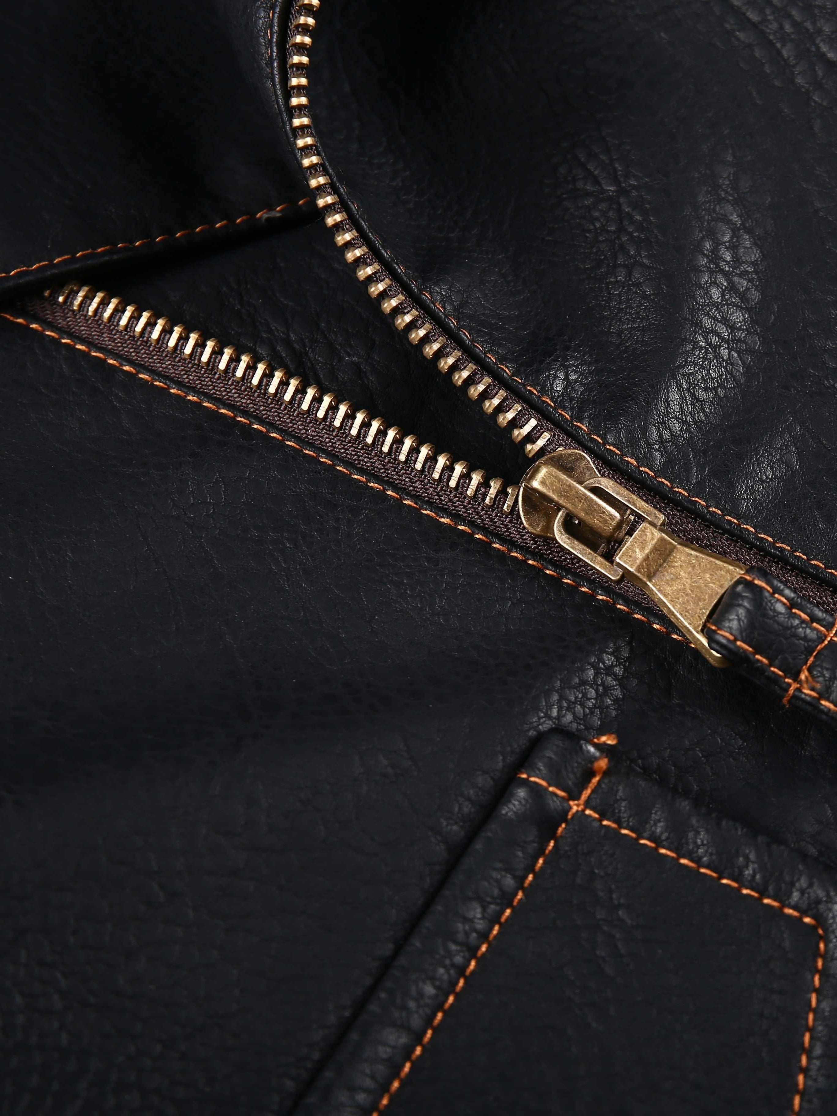 Men's Black Biker Jacket with Zipper Pockets Studded Details Polyester Lining Loose Fit Spring Fall