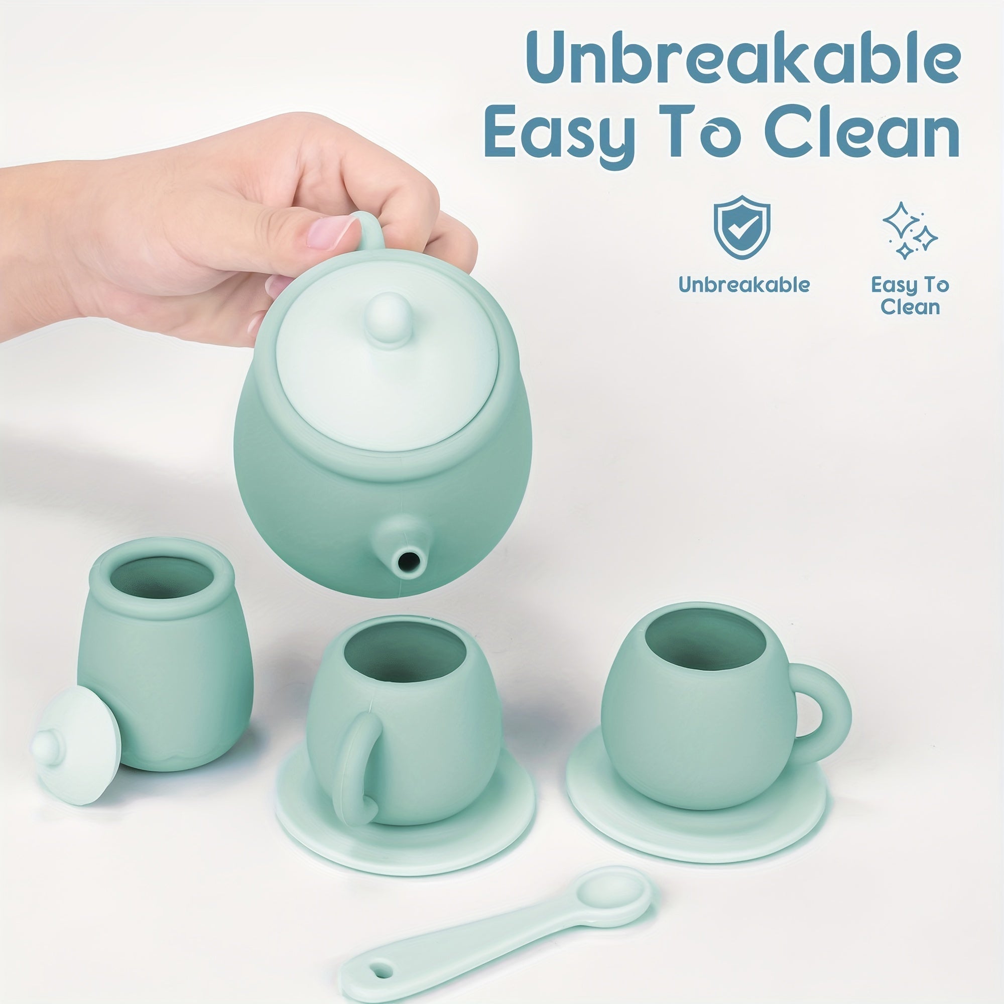 Kids' Silicone Tea Set for Kids Non-Toxic Safe Play Kitchen Toy in Pink Green Blue Yellow