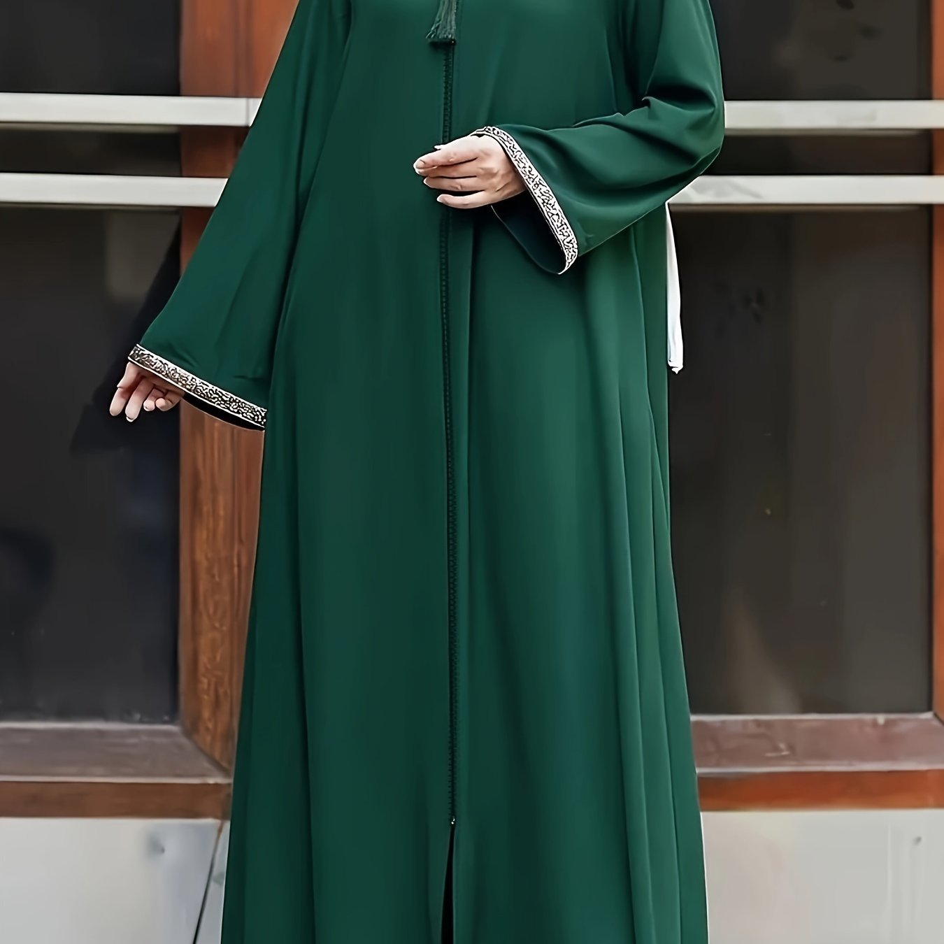 Women's Sequin Trim Long Sleeve Maxi Dress with Crew Neck and Loose Fit