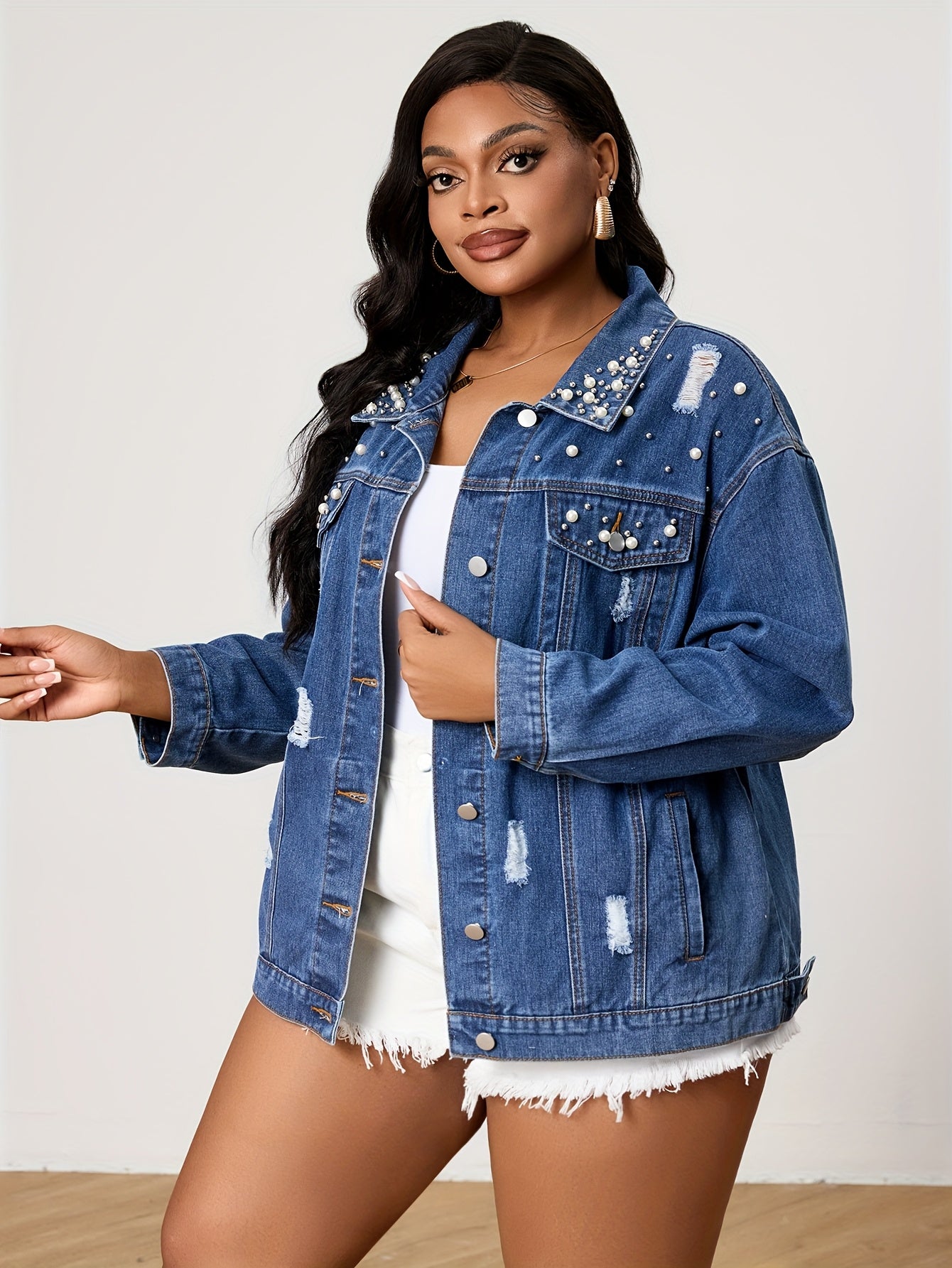 Plus-Size Women's Pearl Distressed Denim Jacket Outerwear