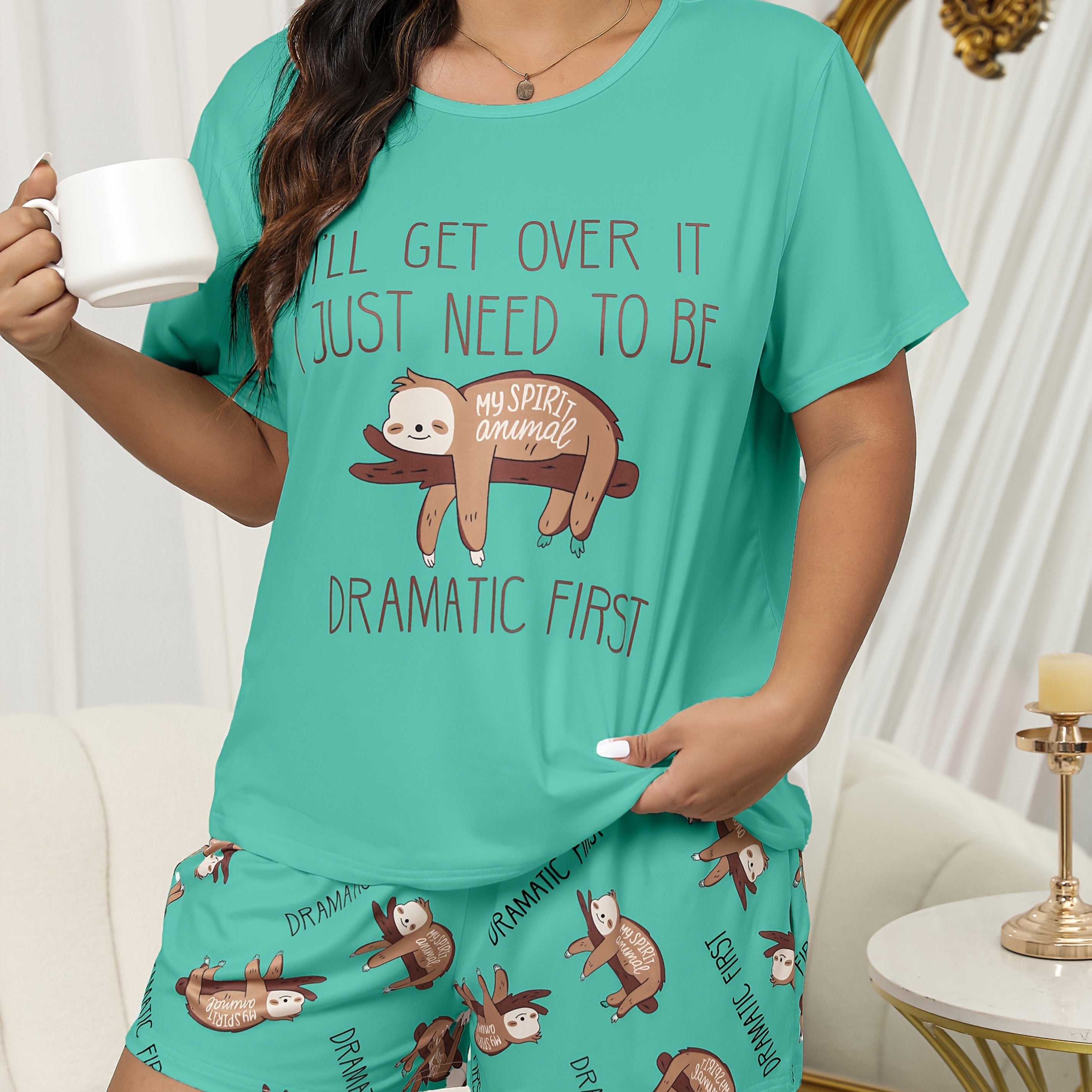 Plus Size Women's Sloth Print Pajama Set Light Blue Short Sleeve Shorts