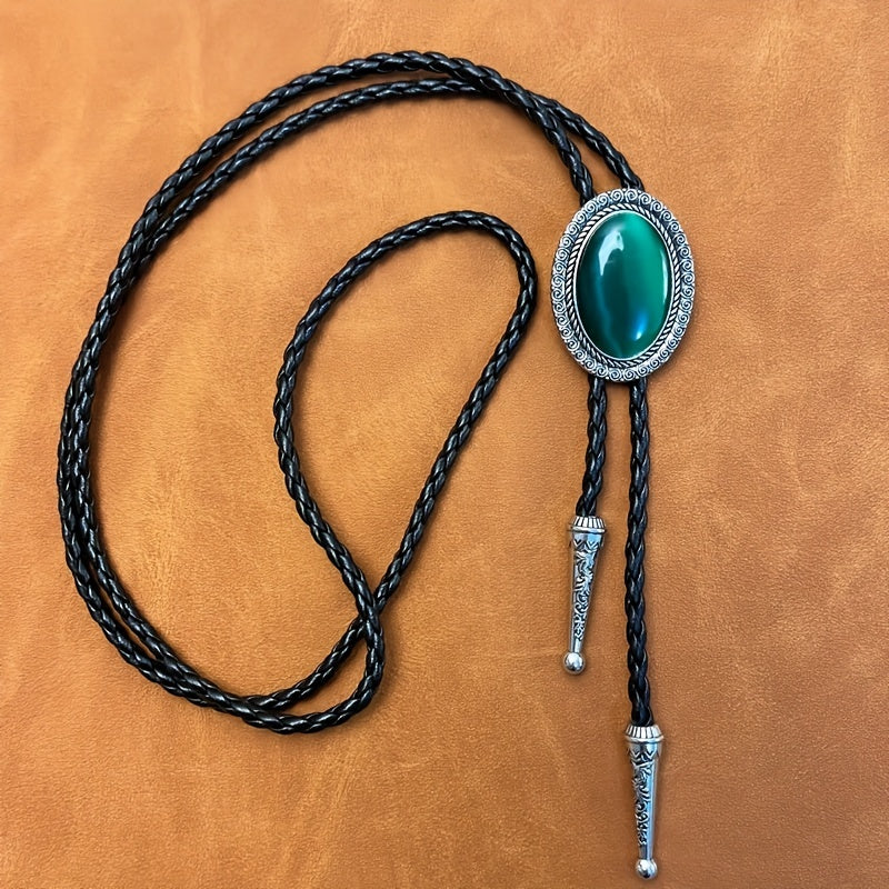 Men's Vintage Style Bolo Tie with Emerald Metal Accent for Western Shirts
