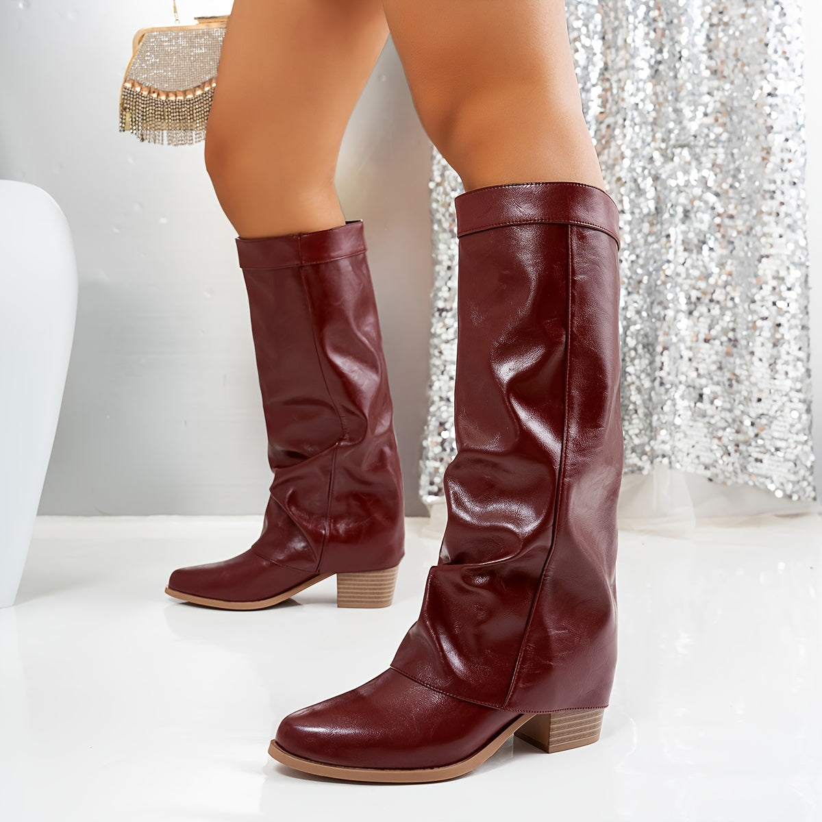 Women's Faux Leather Western Knee-High Boots with Chunky Heel and Square Toe