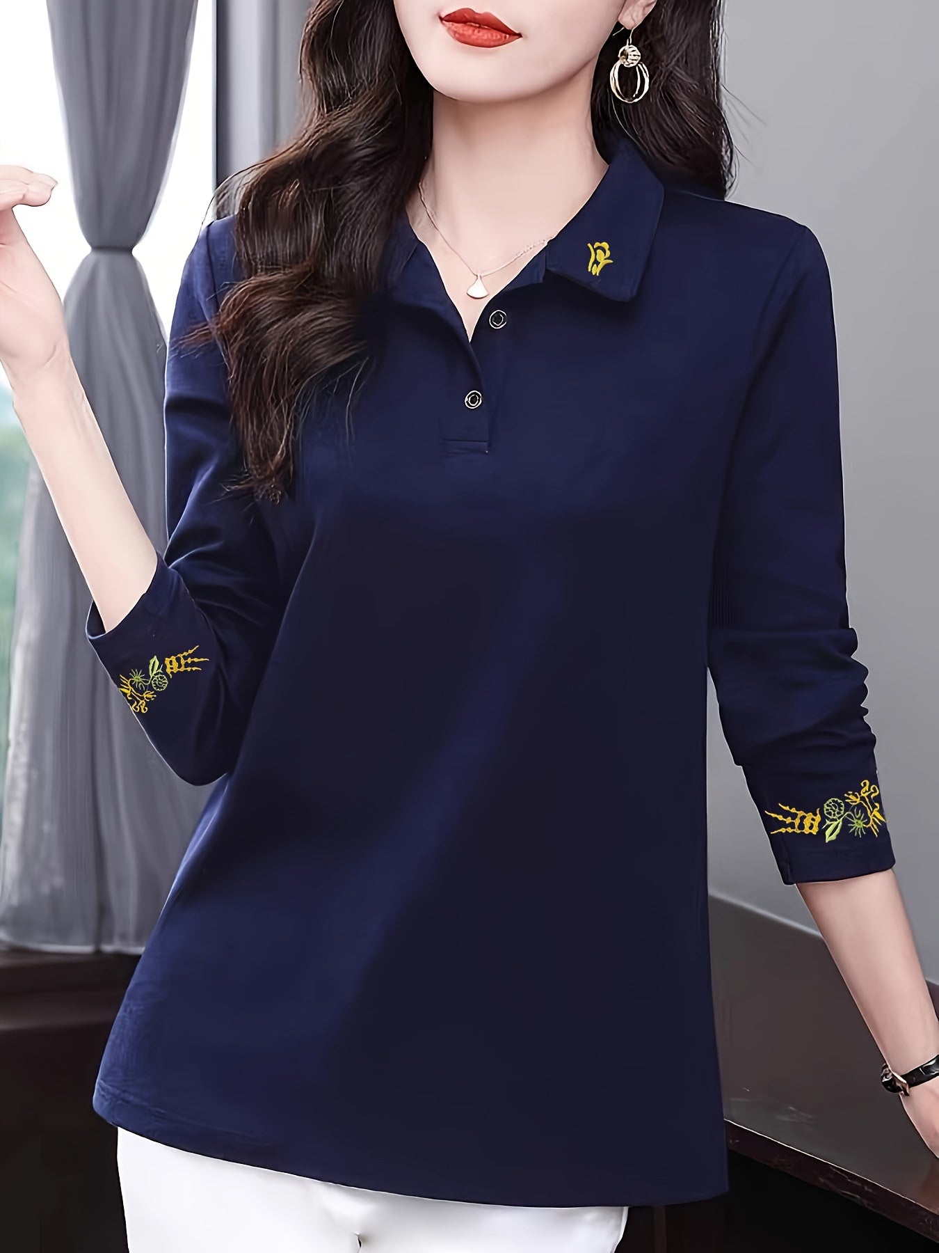 Women's Black Long Sleeve Shirt with Floral Embroidery, Polyester, Casual Spring Fall