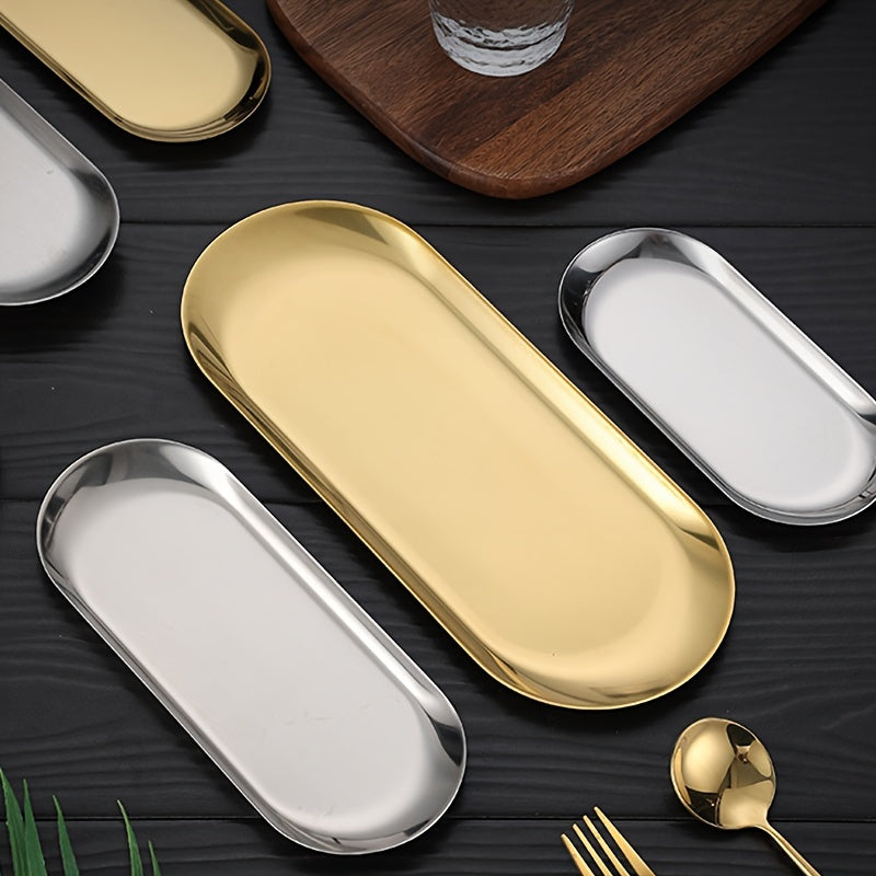 Organizador de bandeja de acero inoxidable dorado para maquillaje, perfume, joyas y decoración de baño
