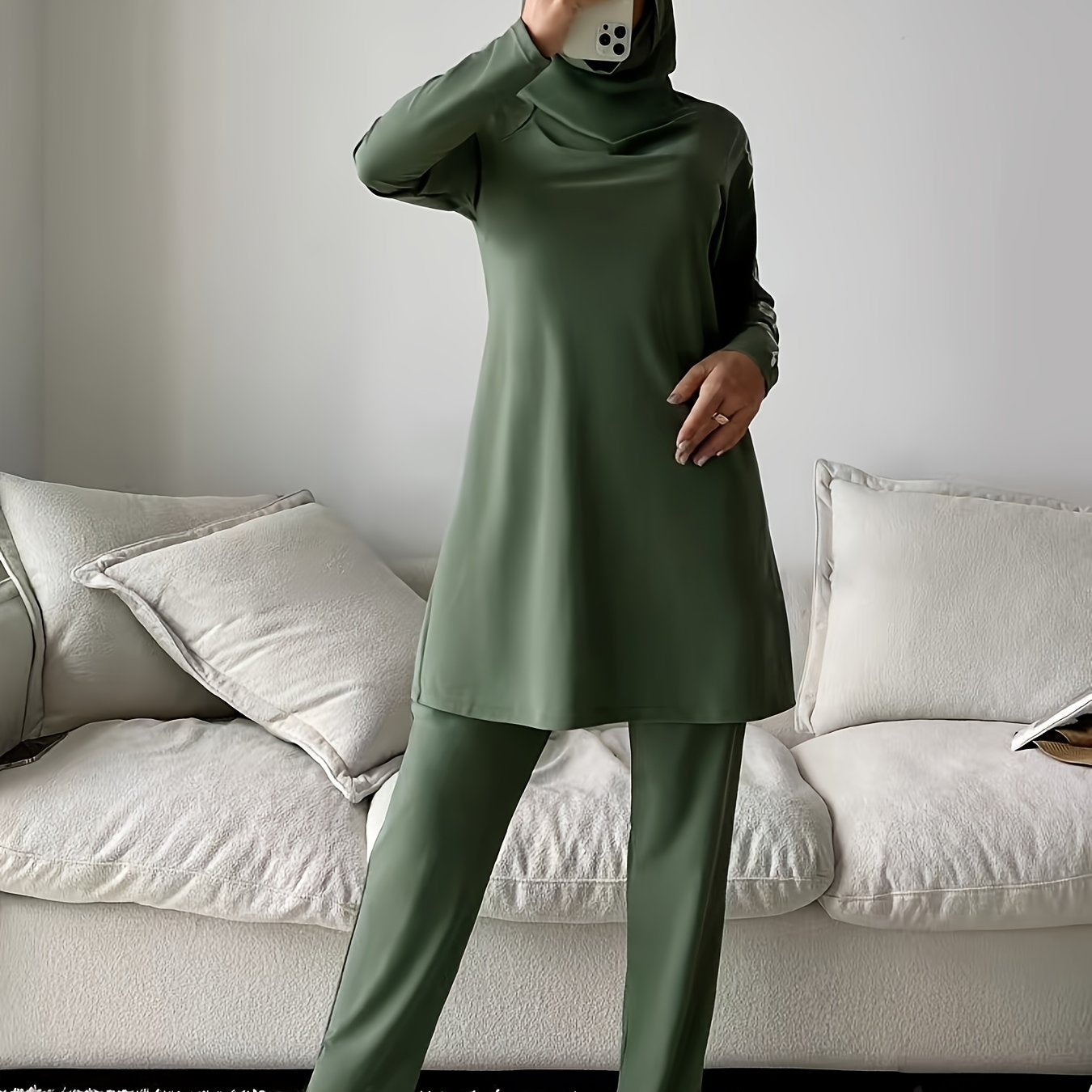 Women's Green Floral Full-Length Swimsuit with Hijab Long Sleeve Polyester Stretch Fabric