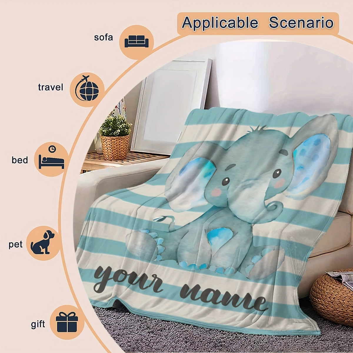 Fleece Throw Blanket with Custom Cartoon Elephant Design All-Season Cozy Polyester 200-250g