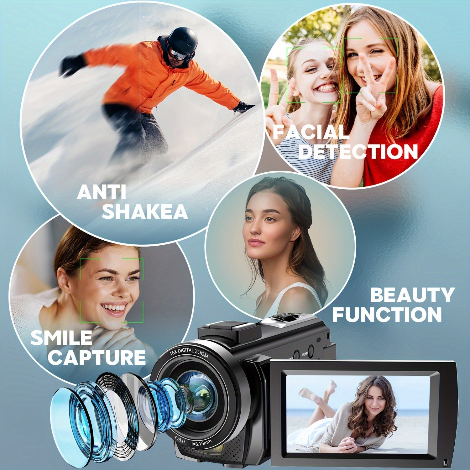 Digital Video Camera Camcorder with 270° Rotating Screen 16X Digital Zoom 1080i HD Video