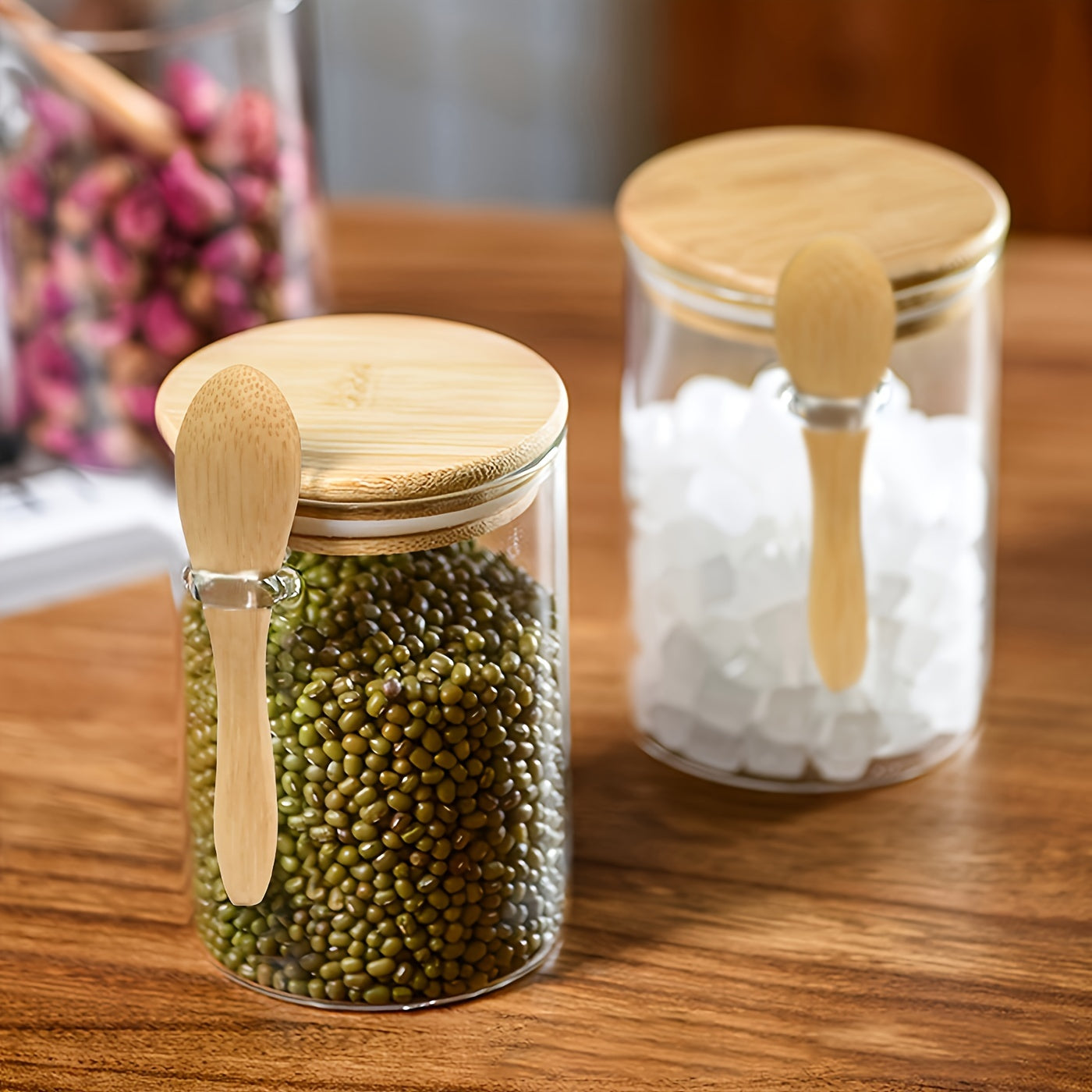 Glass Storage Containers with Airtight Bamboo Lids and Spoon for Kitchen Pantry