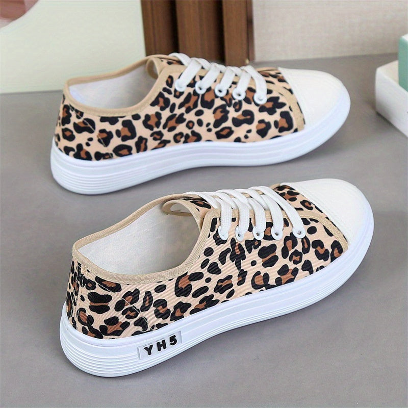Women's Leopard Print Canvas Sneakers Casual Low Top Shoes Breathable Rubber Sole