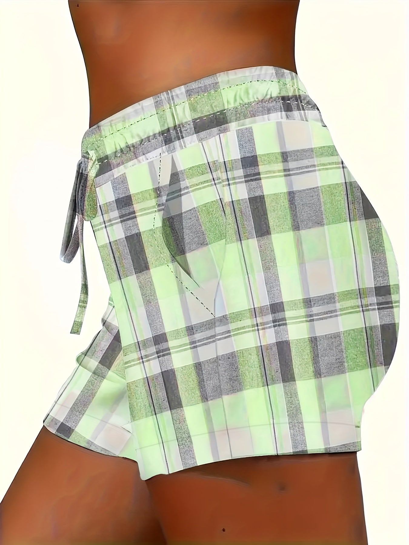 Plus Size Women Casual Summer Plaid Drawstring Shorts