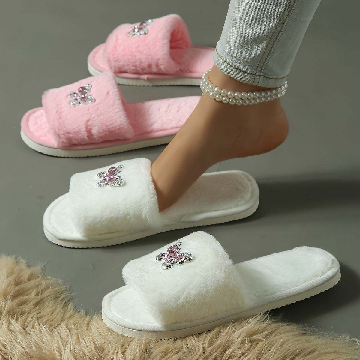 Ayollar uchun kryshalla kelebek bezakli yopiladigan shippaklar, barcha mavsum uchun qulaylik