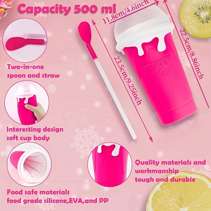 1 dona Silikon Slushy Cup Maker bilan qopqoq, quvur va cho'tkalar bilan - 16.91oz Ikki qatlamli tez muzlatish uchun siqish kubogi - dumaloq shakl, Oila va do'stlar uchun ideal sovg'a, yozgi ichimliklar uchun