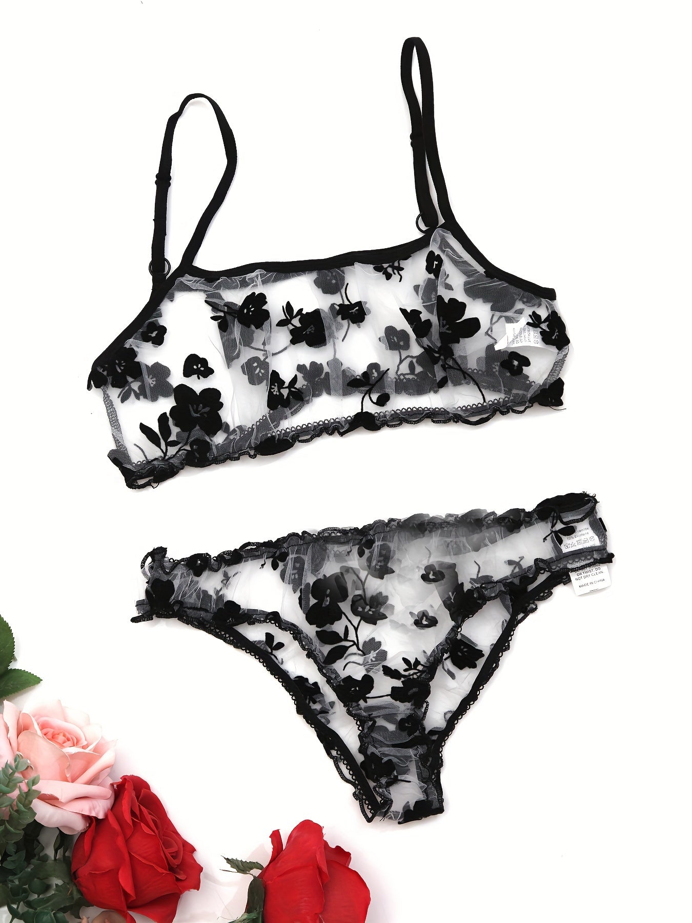 Women's Mesh Flower Lingerie Set with Transparent Details 2 Pieces Adult Size