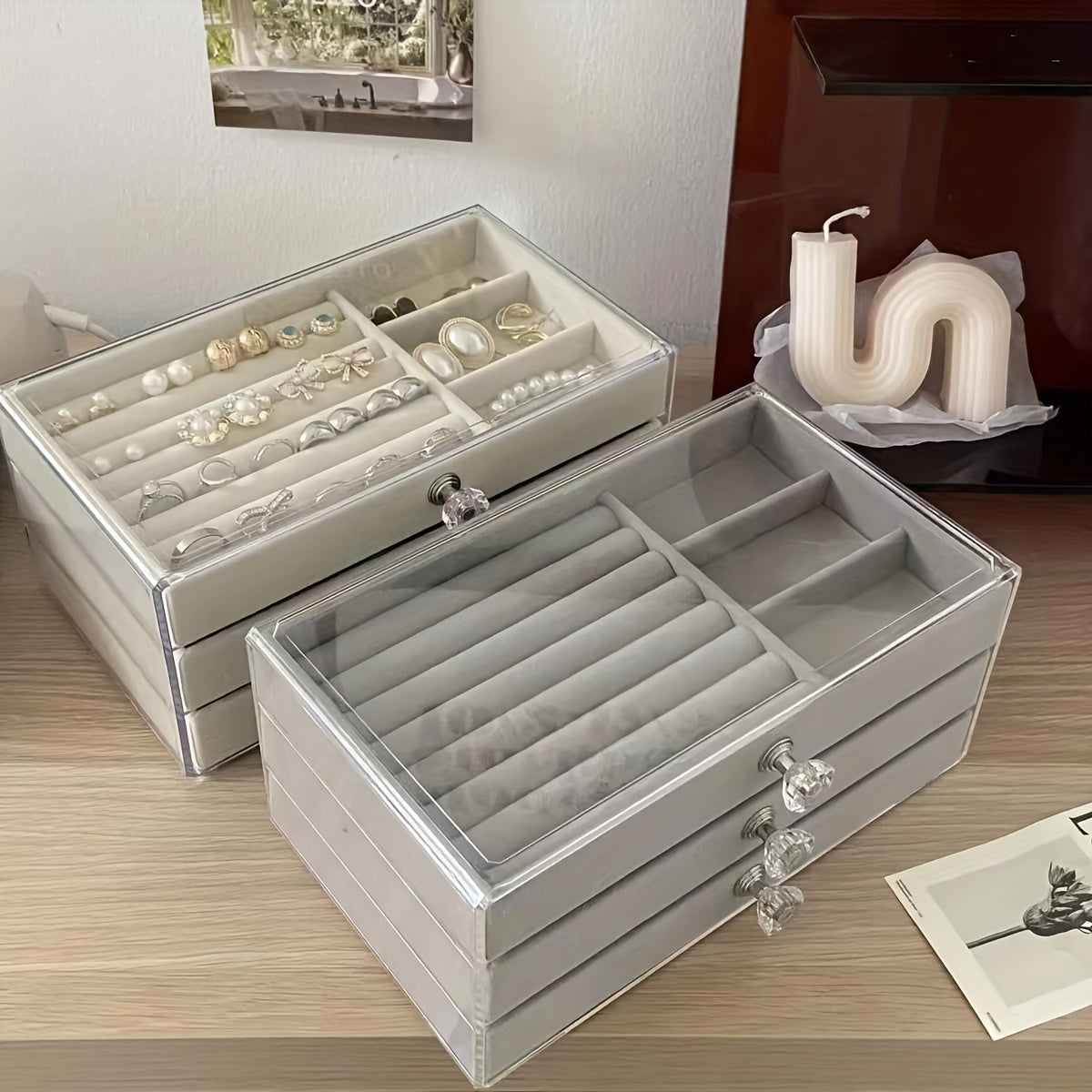 Transparent Jewelry Organizer Box with Large Capacity Dustproof Drawers for Earrings and Necklaces