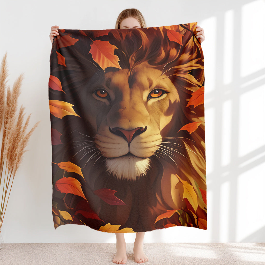 Autumn Lion Portrait Flannel Throw Blanket Soft Warm Anti-Tear Digital Print