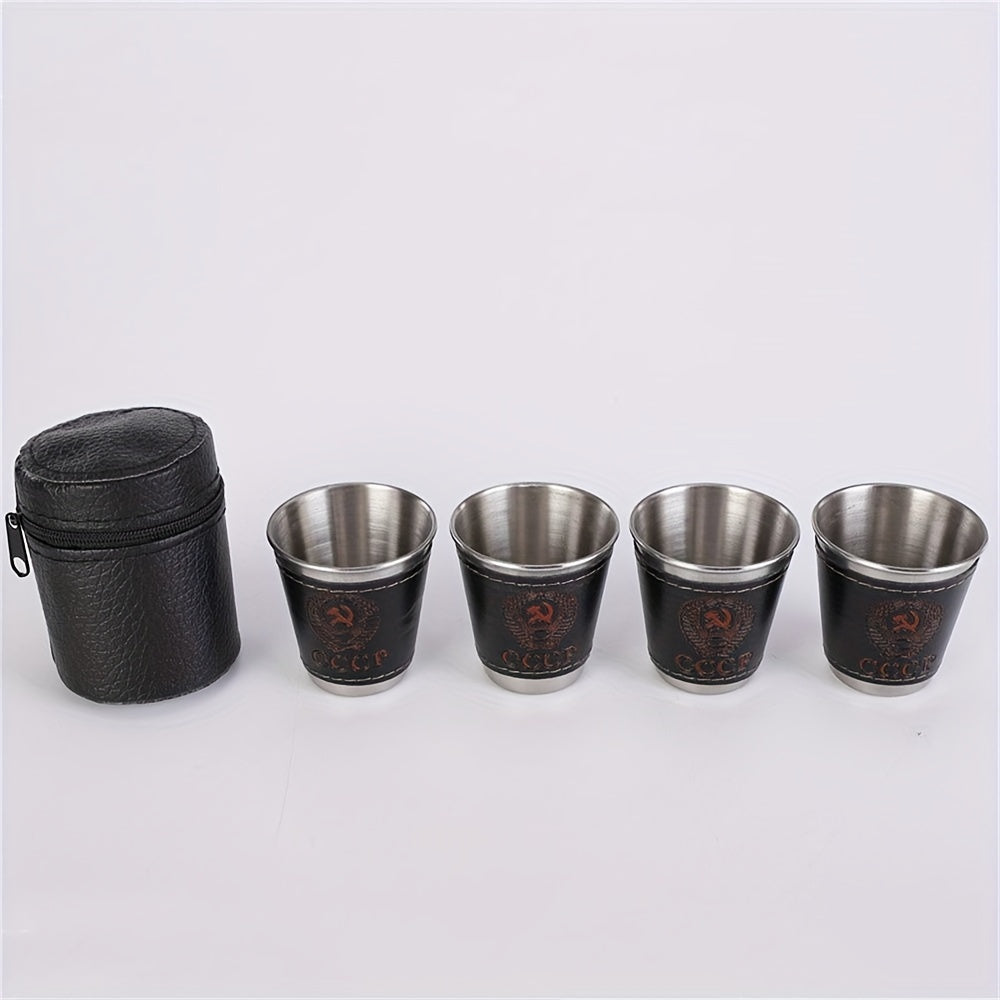 Set of 4 70ml Stainless Steel Camping Cups with Faux Leather Carry Bag