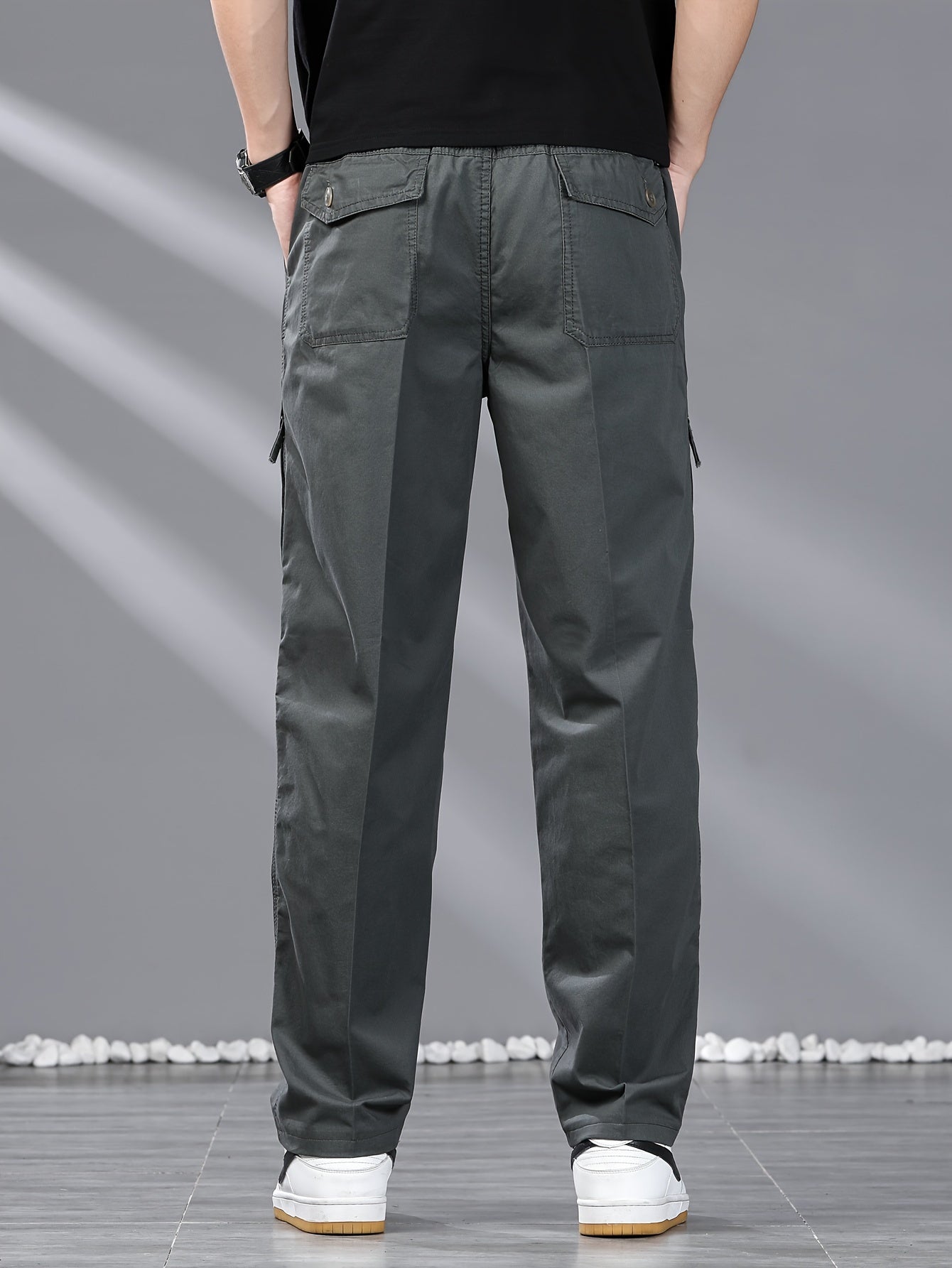 Men's Cotton Cargo Pants Loose Fit Solid Color Drawstring Casual Outdoor