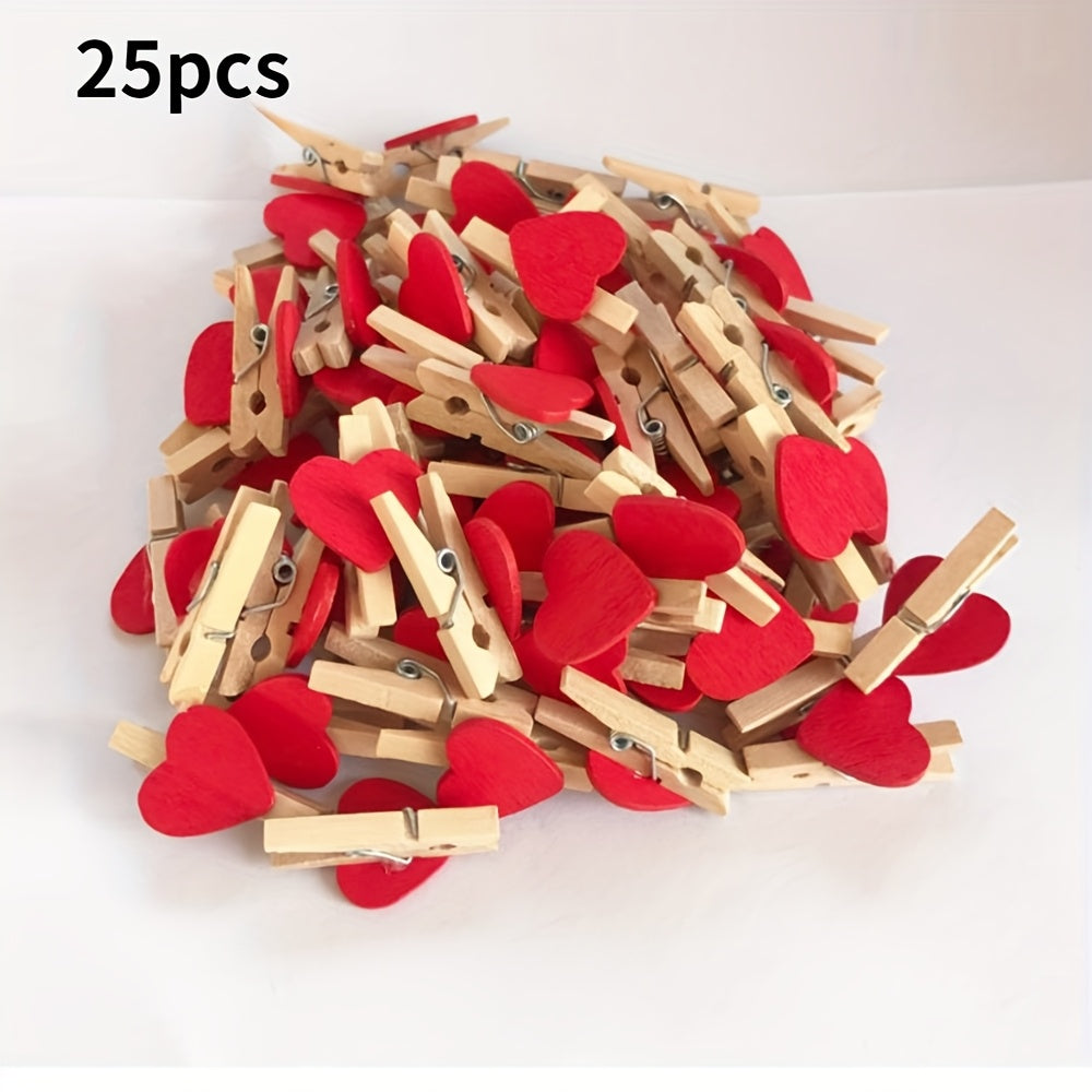 25 Red Heart Wooden Clothespins for Photos, Paper, Postcards, Home Decor