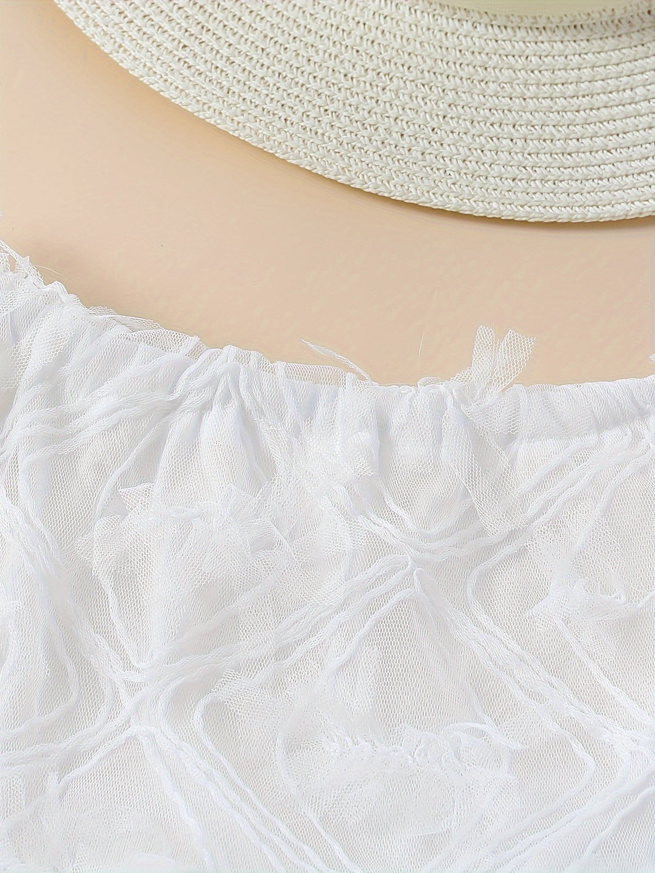 Girls Summer Outfit Off-Shoulder White Lace Top Blue Tulle Flared Pants Polyester