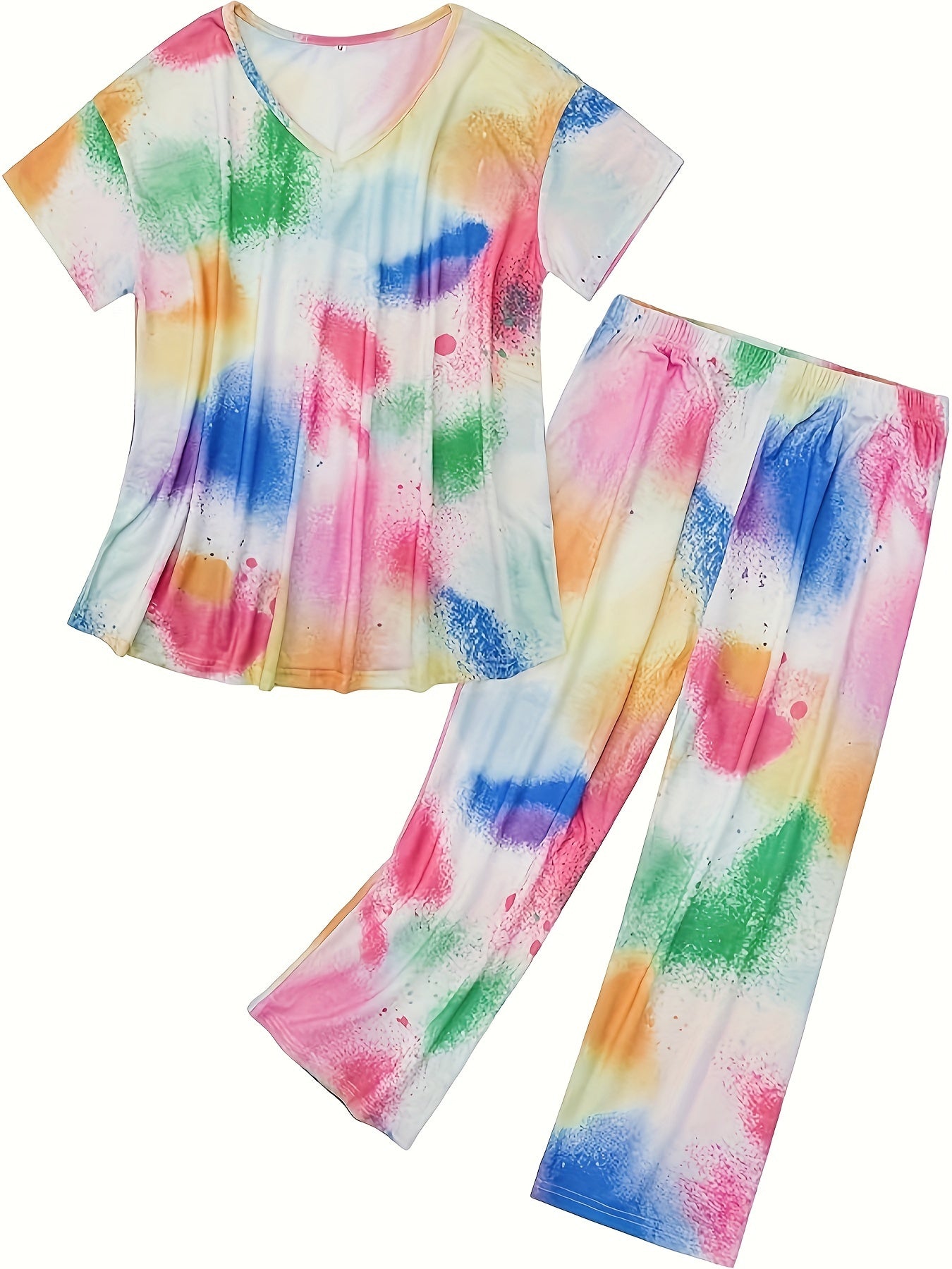 Plus Size Women's Loungewear Set Splash Print Short Sleeve V Neck Tee Capri Pants