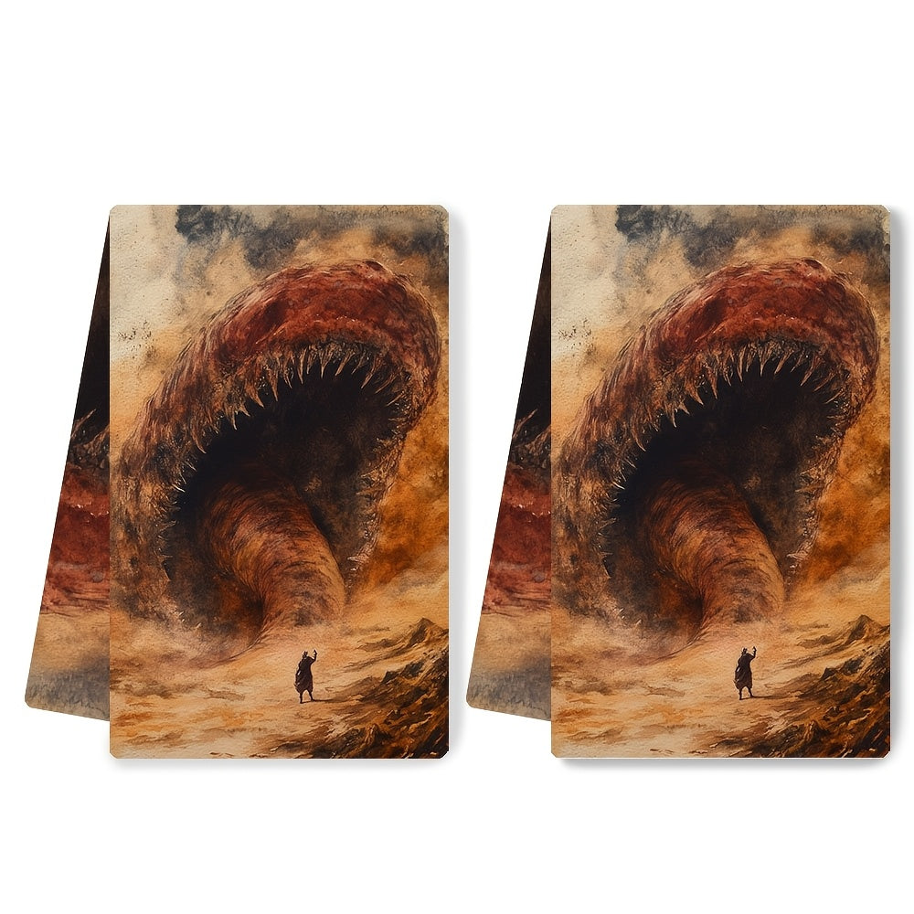 2 ta Ultra Yumshoq Oshxona Sochiqlari to'plami Shai Hulud Qumqop dizayni bilan. Ushbu juda singdiruvchi va mashinada yuviladigan idish qo'l sochiqlari 40.64x60.96 sm o'lchamda. Bayram bezaklari va har kuni foydalanish uchun mukammal.