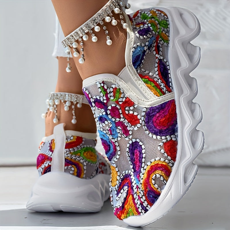 Women's Embroidered Fabric Slip-On Sneakers with Rubber Sole