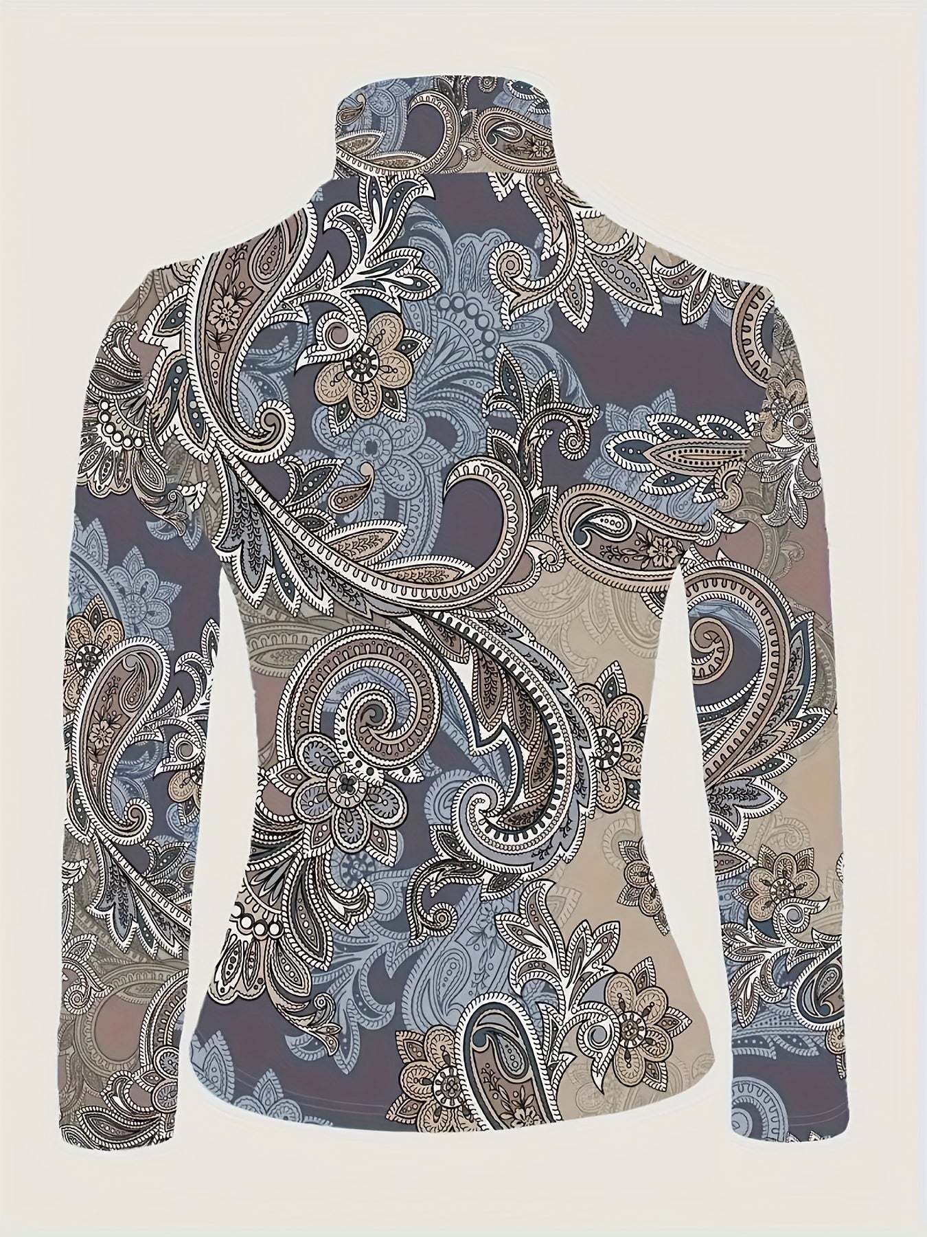 Women's Long Sleeve Paisley Print High Neck Polyester Blouse