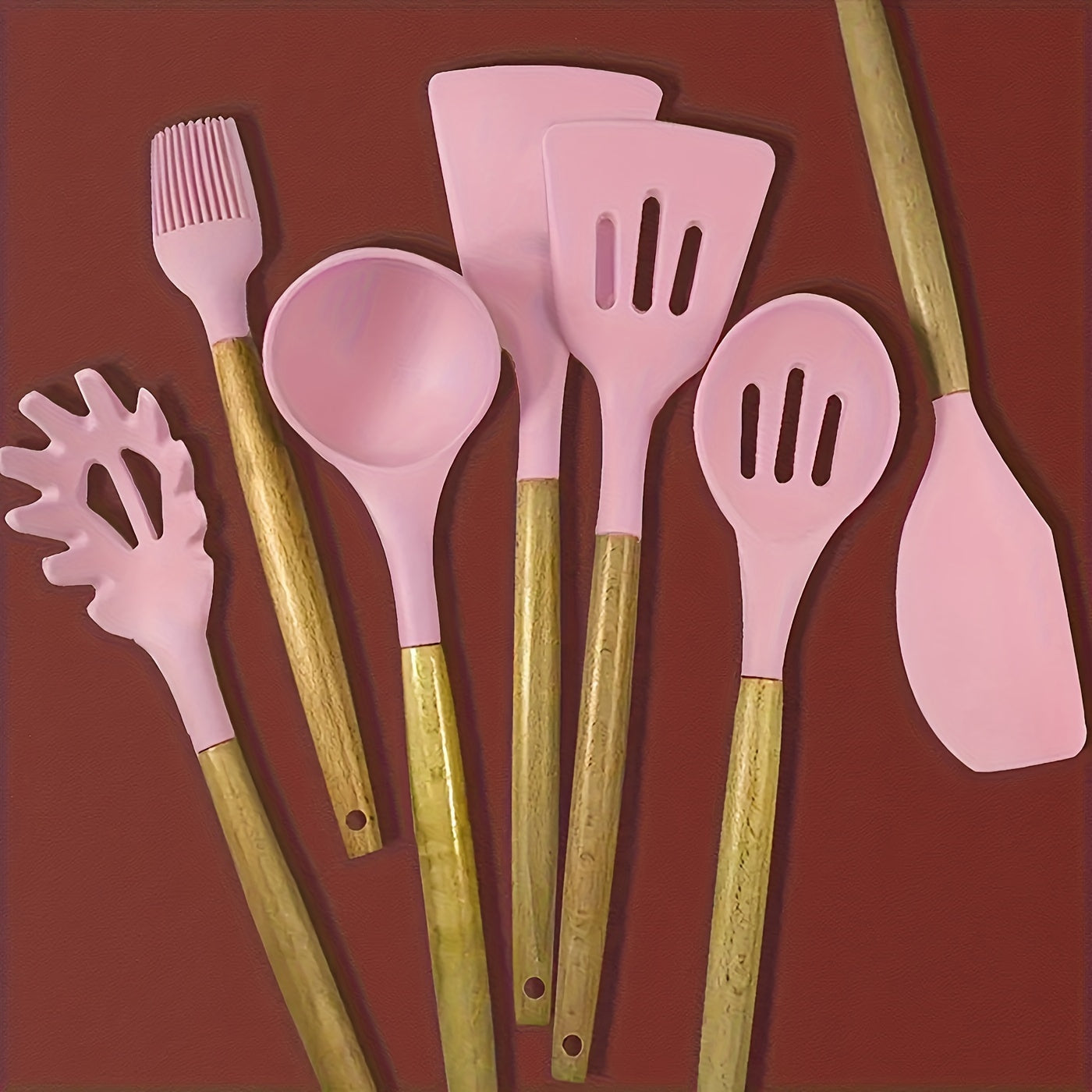 Set of 7 Silicone Kitchen Utensils with Wooden Handles Non-Stick Heat Resistant Cooking Tools