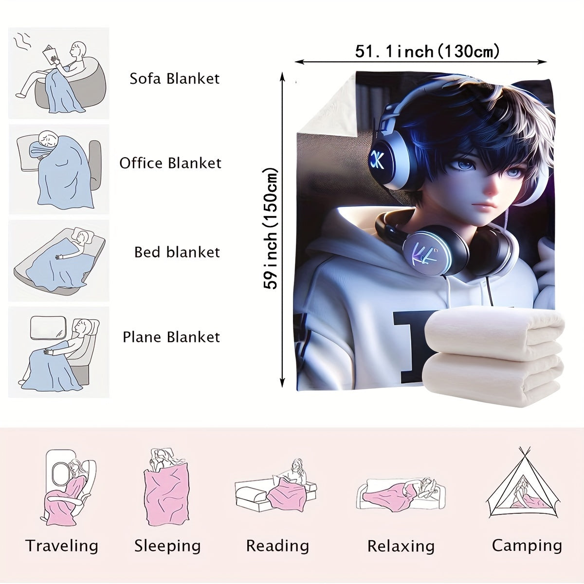 Music Melody Throw Blanket Digital Print Polyester Lightweight Cozy for Bedroom Sofa Car Travel