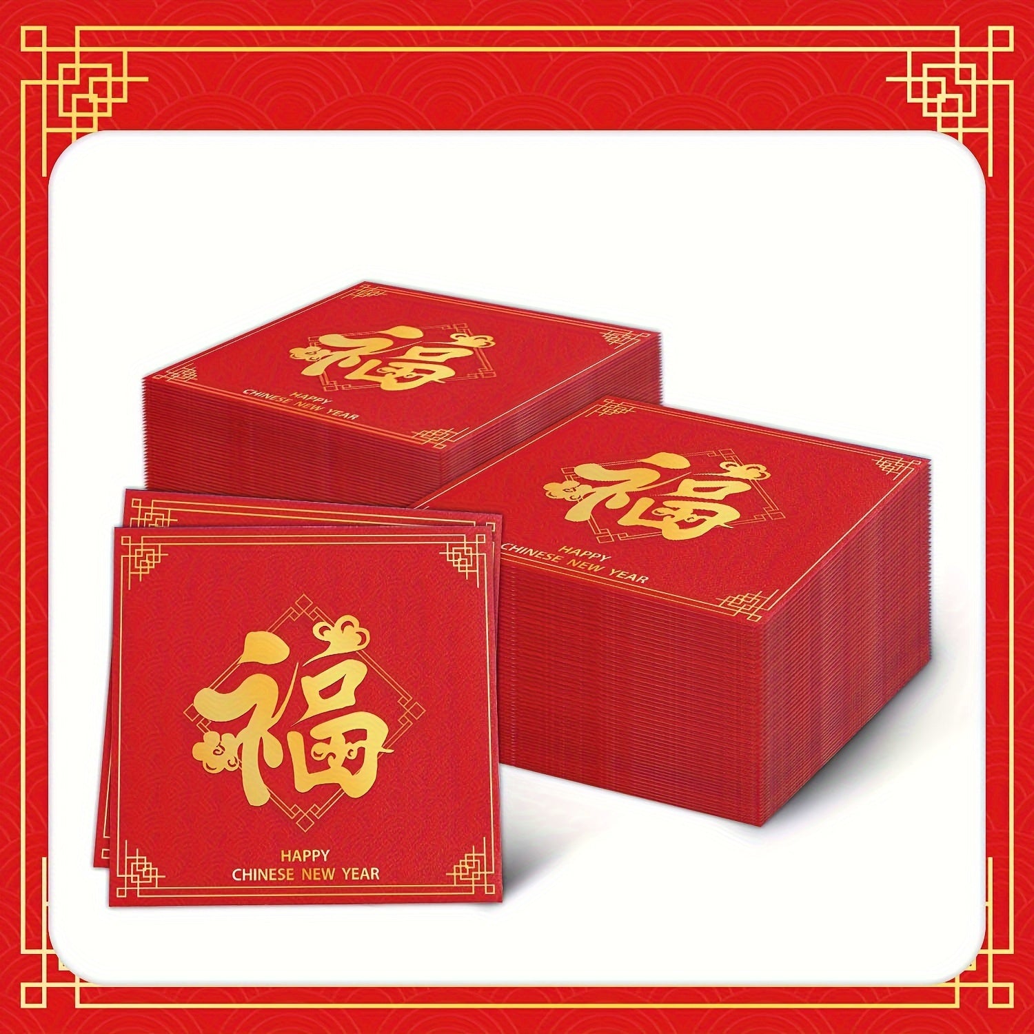Red Chinese New Year Napkins 3-Ply Multi-Fold Fu Character Gold Accents Festive