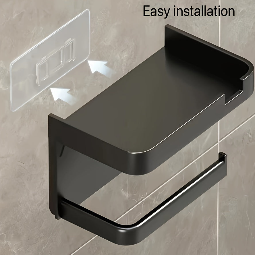 Wall-Mounted Plastic Toilet Paper Holder with Shelf and Phone Stand Self-Adhesive