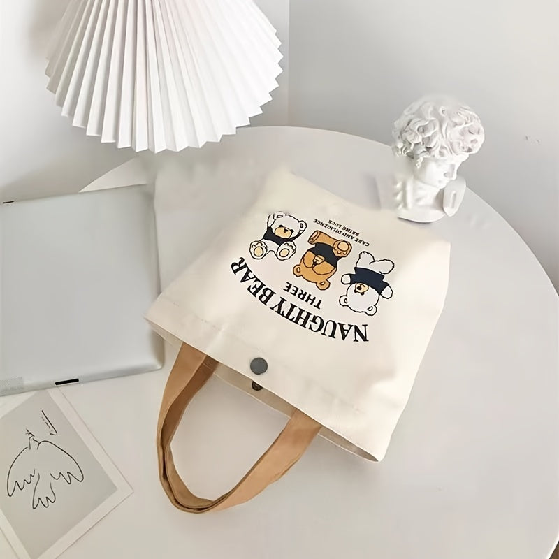 Bear Print Canvas Handbag Lunch Box Storage Bag for Outings