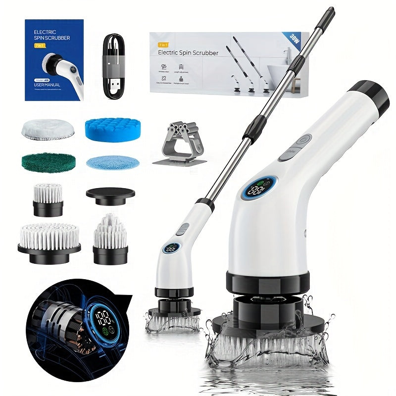 7-in-1 Electric Spin Scrubber with LCD Display, Reusable Brush Heads, 3 Speeds