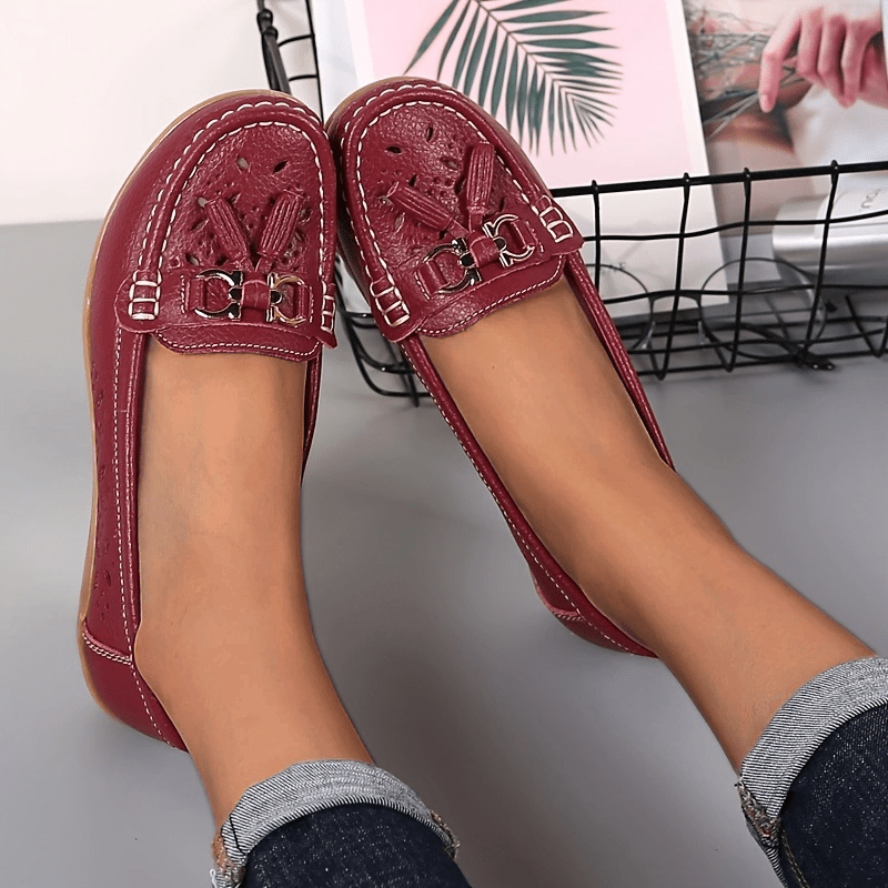 Women's Embroidery Loafers with Metal Tassel Hollow Out Soft Platform Shoes