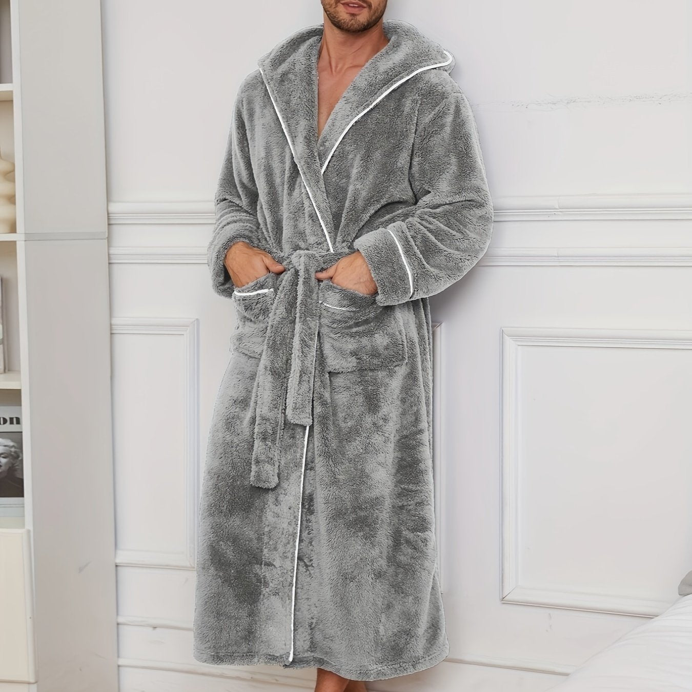 Men's Flannel Fleece Robe with Hood Pockets Belt for Fall Winter Lounge