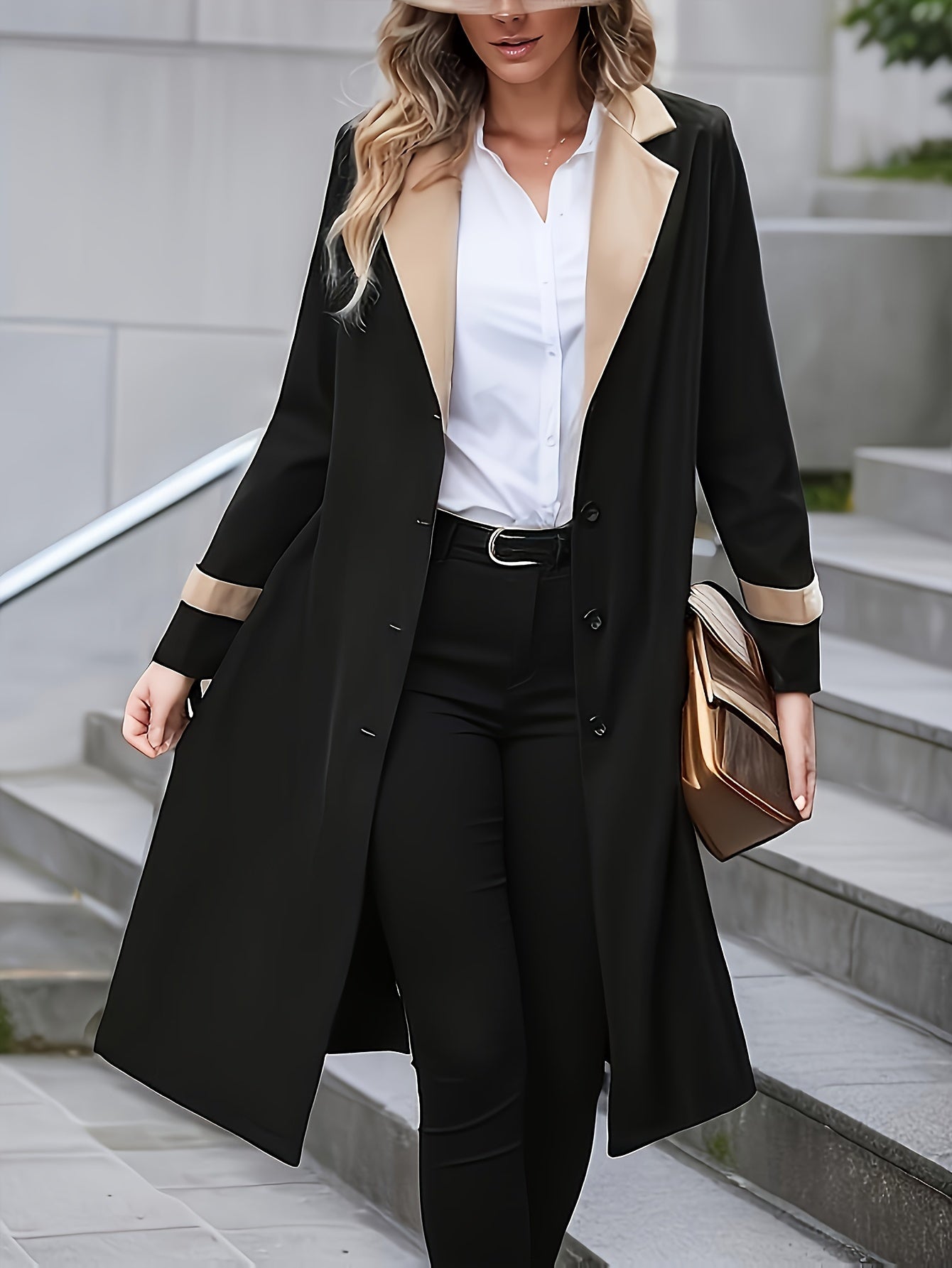 Women's Mid-Length Trench Coat with Belted Lapel Long Sleeves Solid Polyester