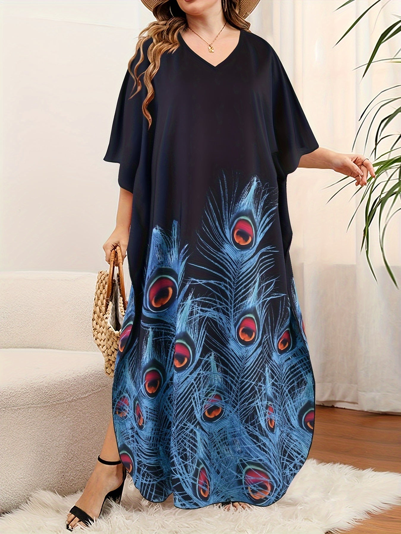 Plus Size Women's Kaftan Dress with V-Neck Short Batwing Sleeves Long Length Slit Polyester Elastane