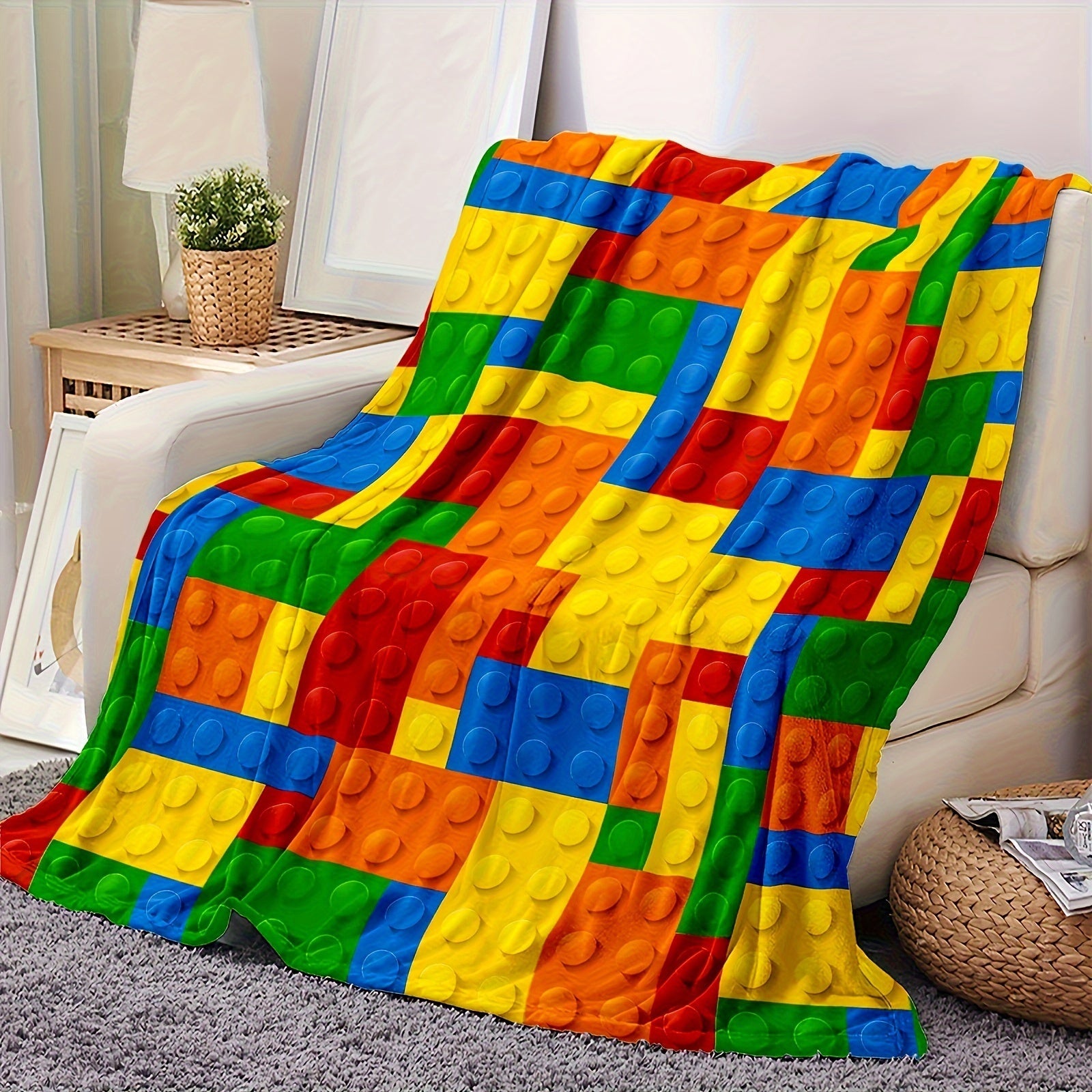Bohemian Style Flannel Throw Blanket Square Block Print All-Season Cozy Bedding