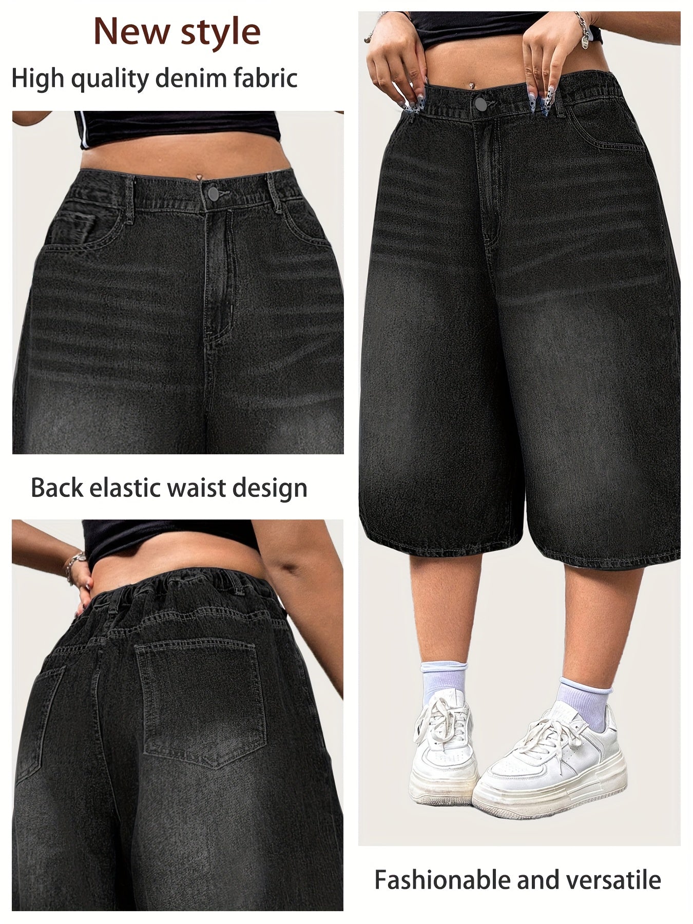 Plus Size Women's Denim Shorts Elastic Waist Casual Baggy Fit