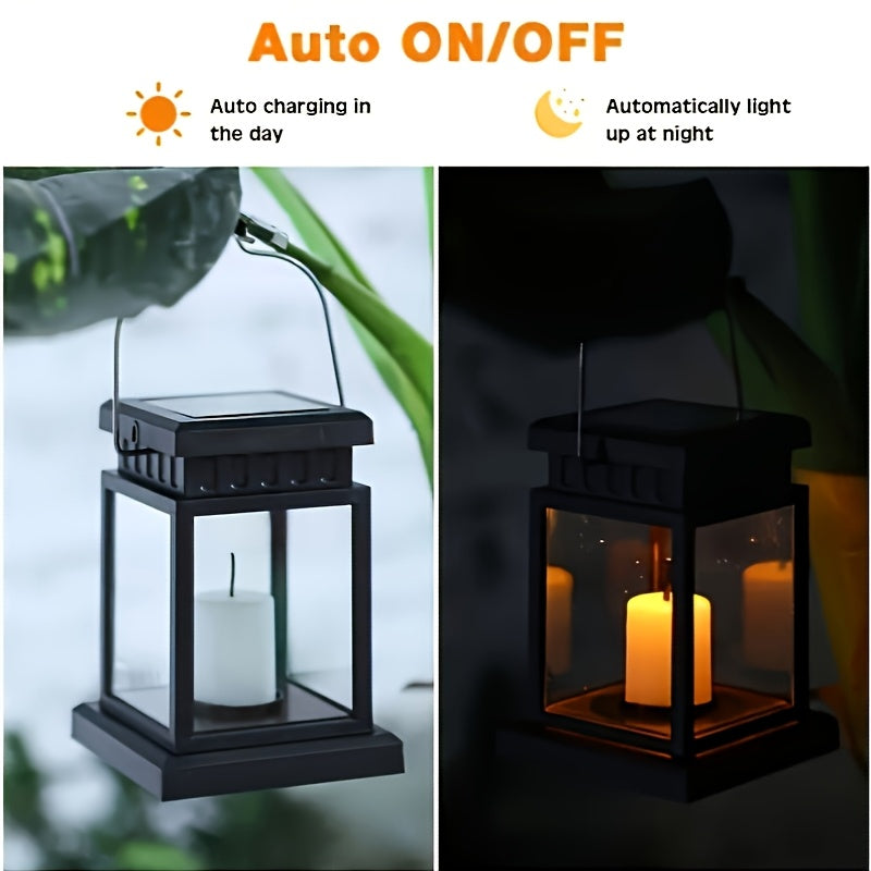 Set of 2 Solar Lanterns with Flickering Flameless LED Lights for Outdoor Patio Lawn Decoration