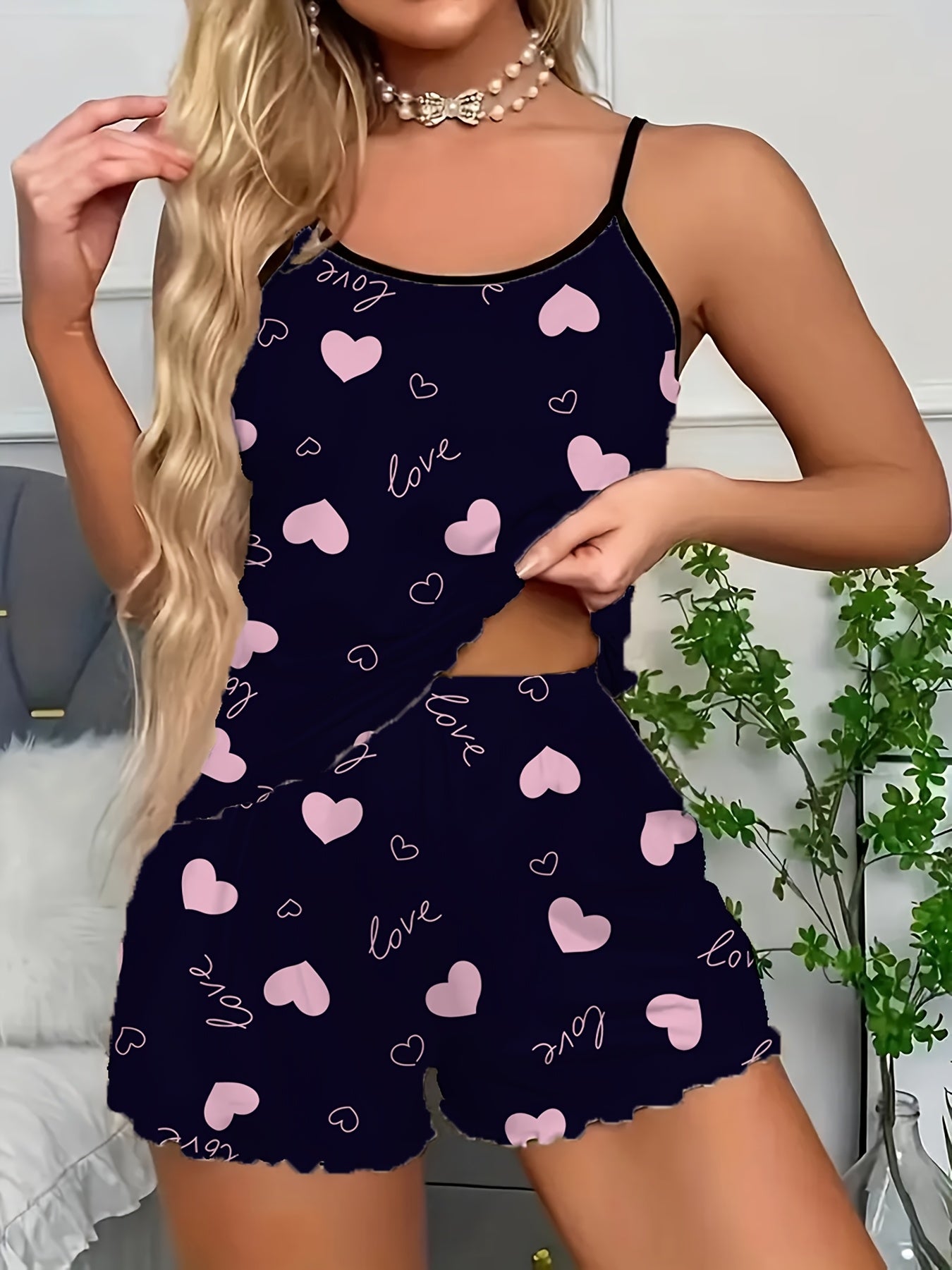 Women's Polyester Pajama Set with Love Heart Print Spaghetti Strap Shorts for All Seasons