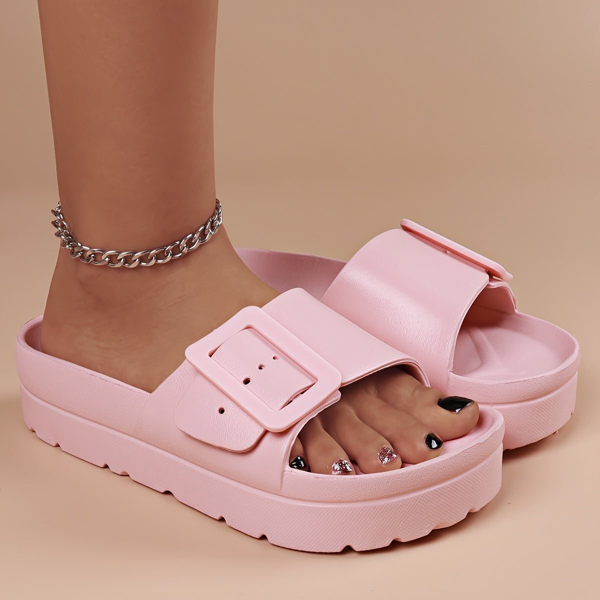 Women's Flat Sandals Adjustable Buckle EVA Slides Black Pink Summer