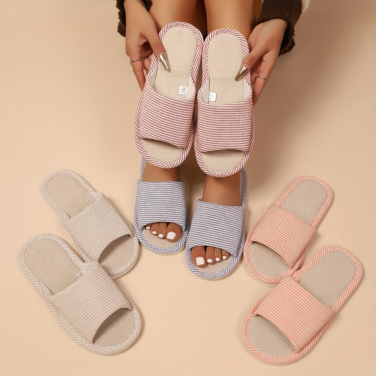 Women's Striped Slip-On Slippers Breathable Fabric Indoor Outdoor Shoes