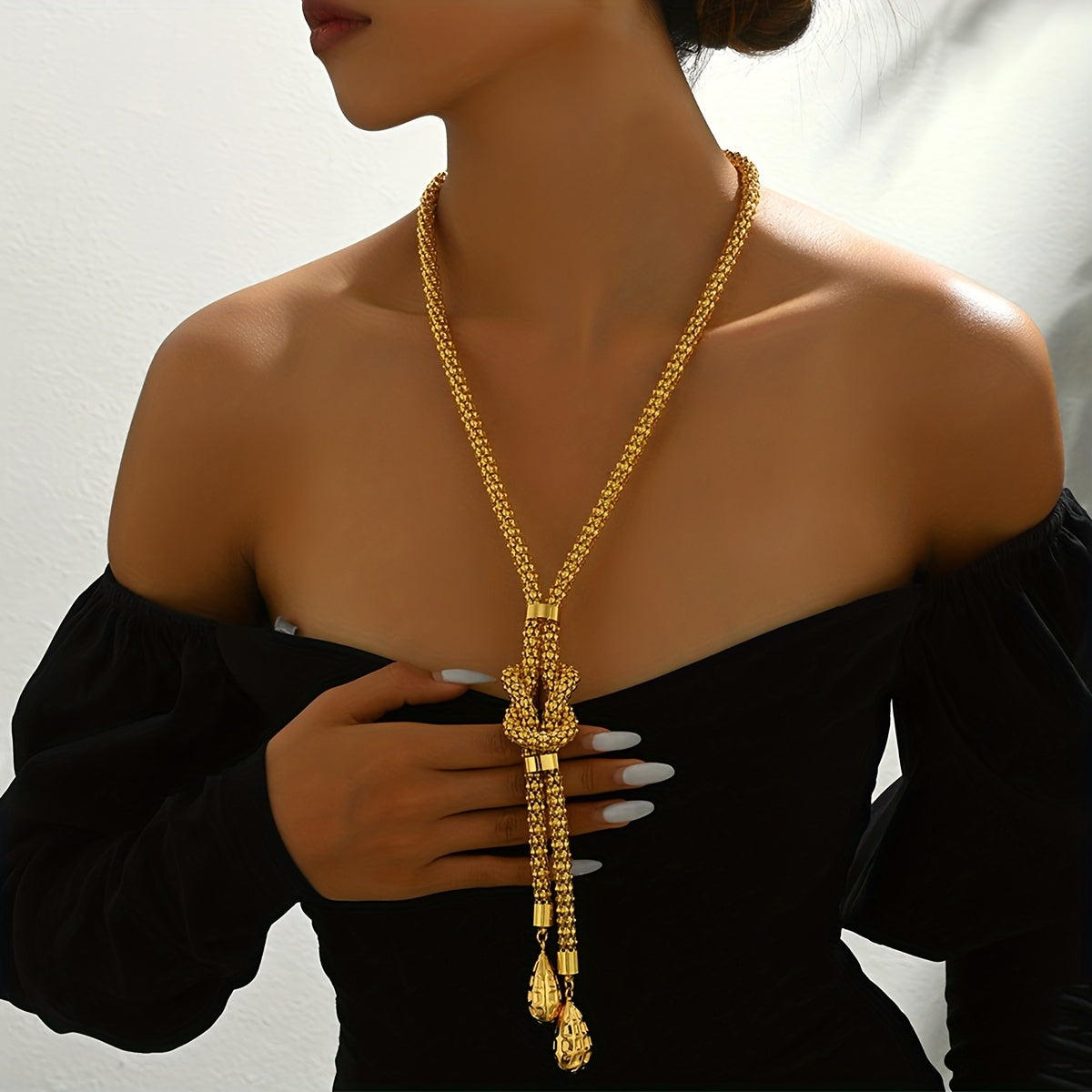 Women’s Long Geometric Twist Necklace with Tassel Drop Pendant for Weddings and Parties