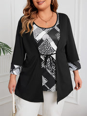 Plus Size Women's Faux Two-Piece Geometric Print Blouse with Tie Waist