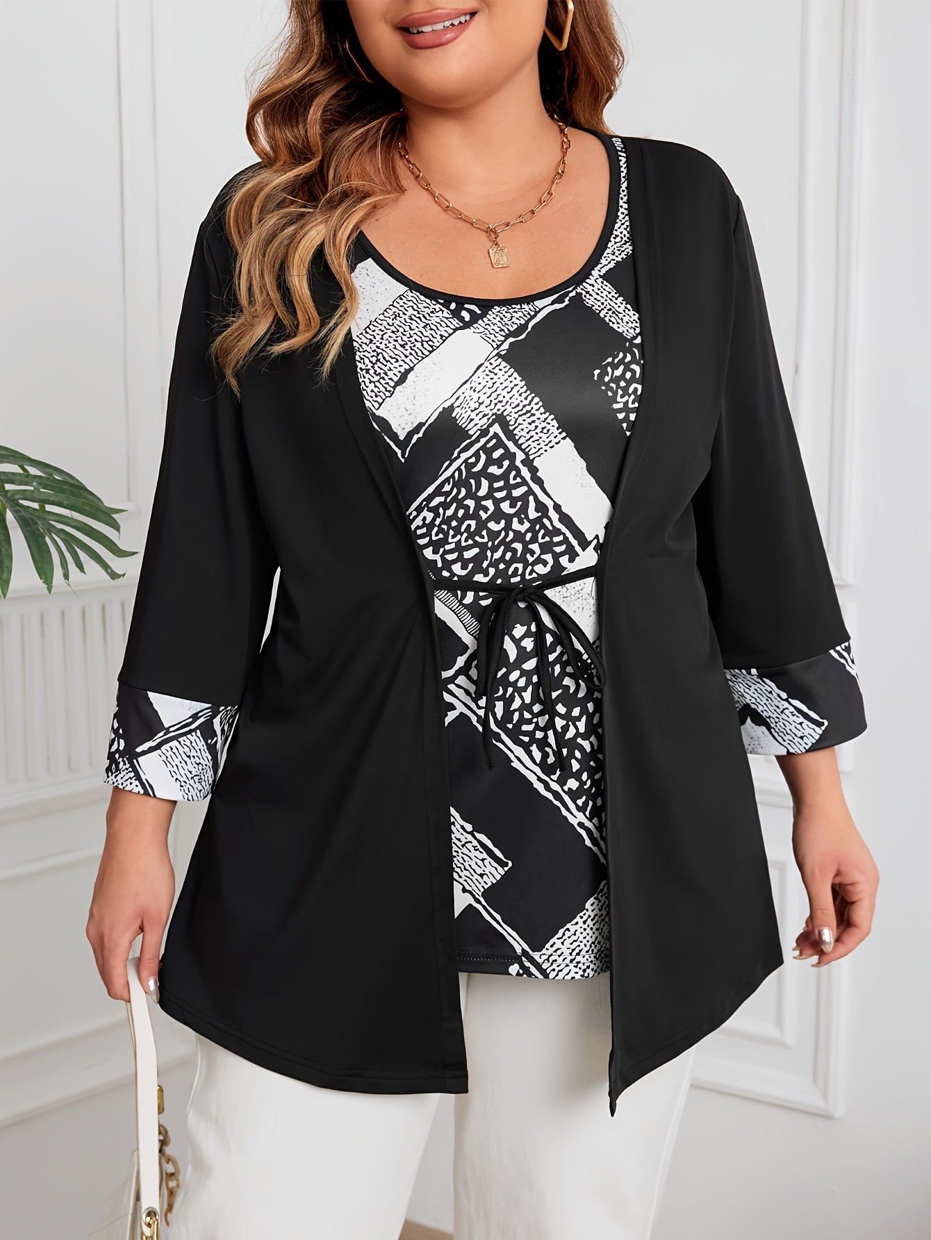 Plus Size Women's Faux Two-Piece Geometric Print Blouse with Tie Waist