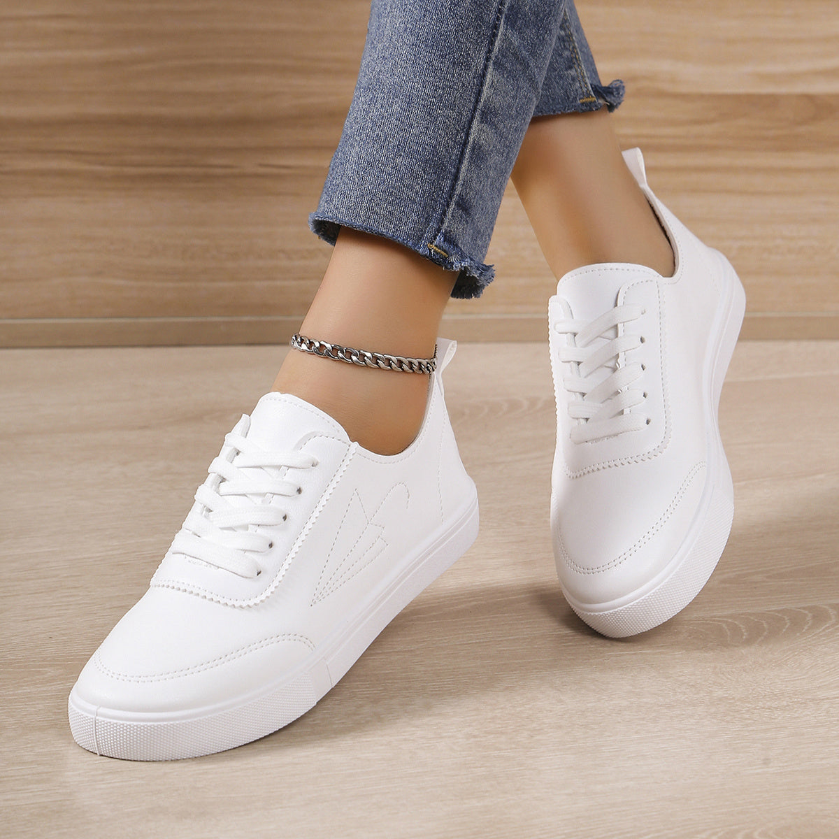 Women’s White Low-Top Sneakers Breathable Fabric Casual Shoes