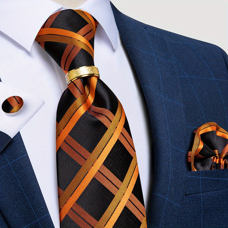 Men's Tie Set with Paisley Plaid and Striped Designs Including Pocket Square Cufflinks Ring