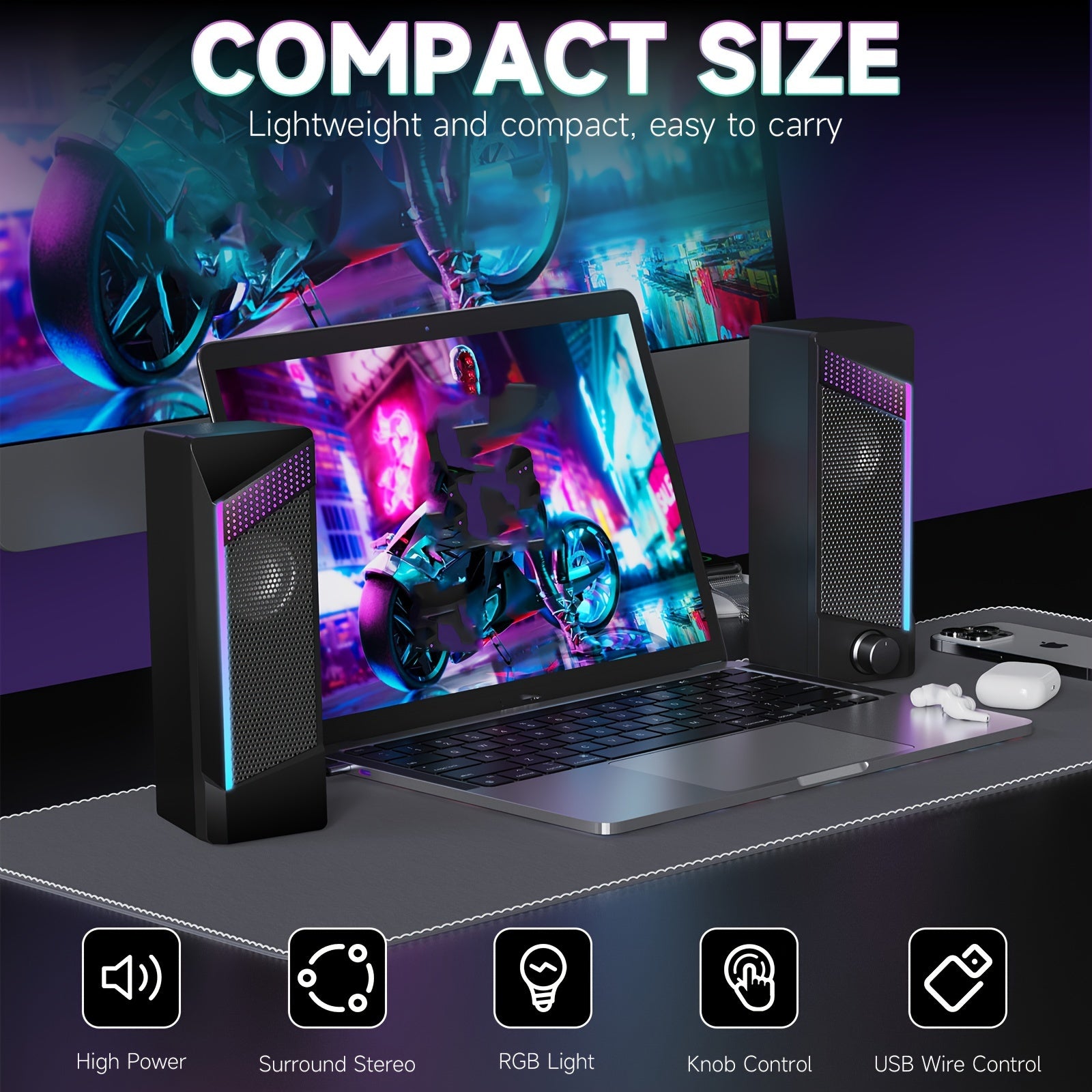 2-in-1 Computer Speaker with Iron Mesh and RGB Light for Gaming and Music